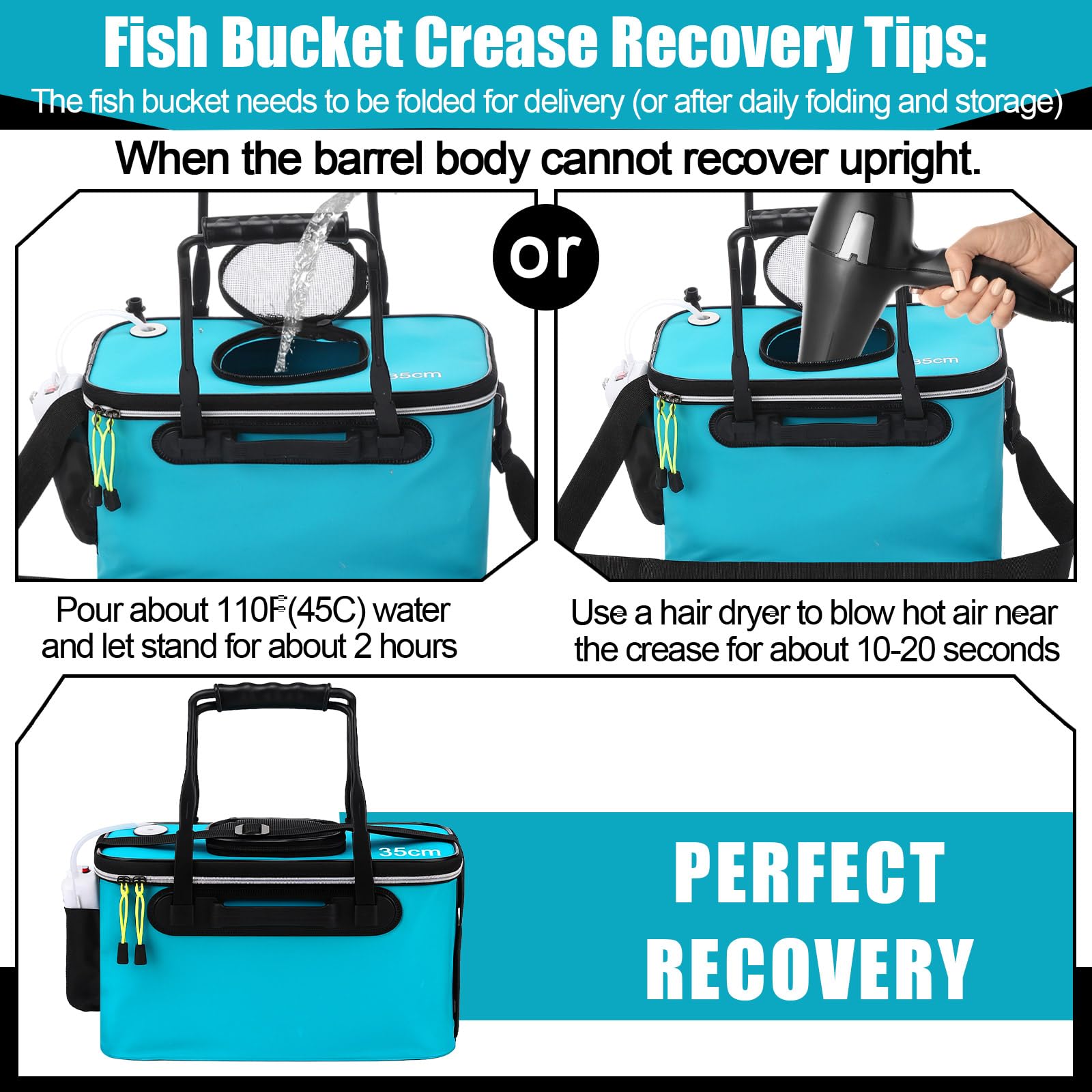 Secchio da pesca e aeratore per esche vive, pieghevole, multifunzionale, portatile, silenzioso, aeratore per campeggio, pesca, borsa in EVA (blu, 4 galloni)