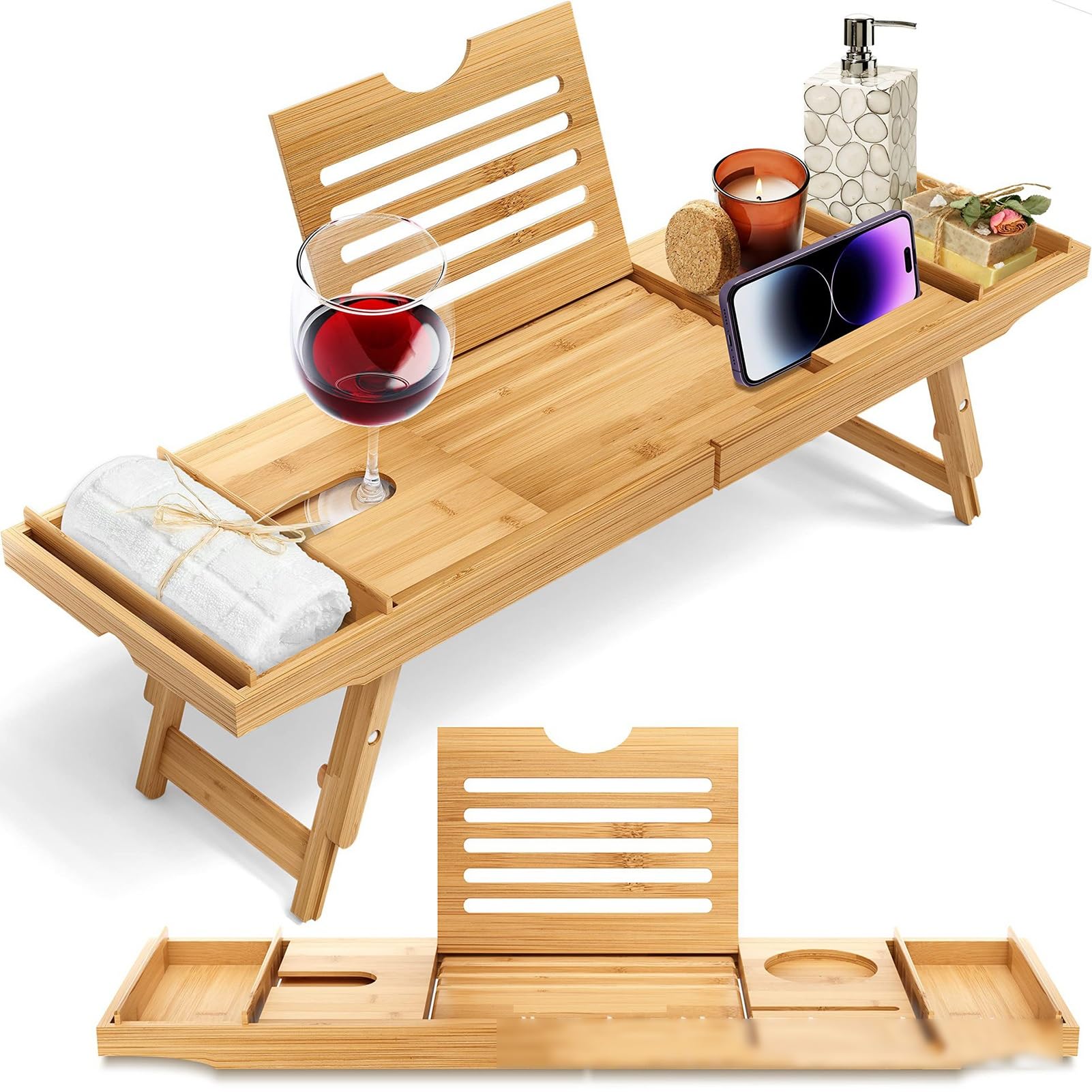 Bandeja de baño de madera expandible – Estante portátil independiente ideal para el hogar, perfecto para el día de la madre y regalo de cumpleaños para mamá relajación y experiencia de spa