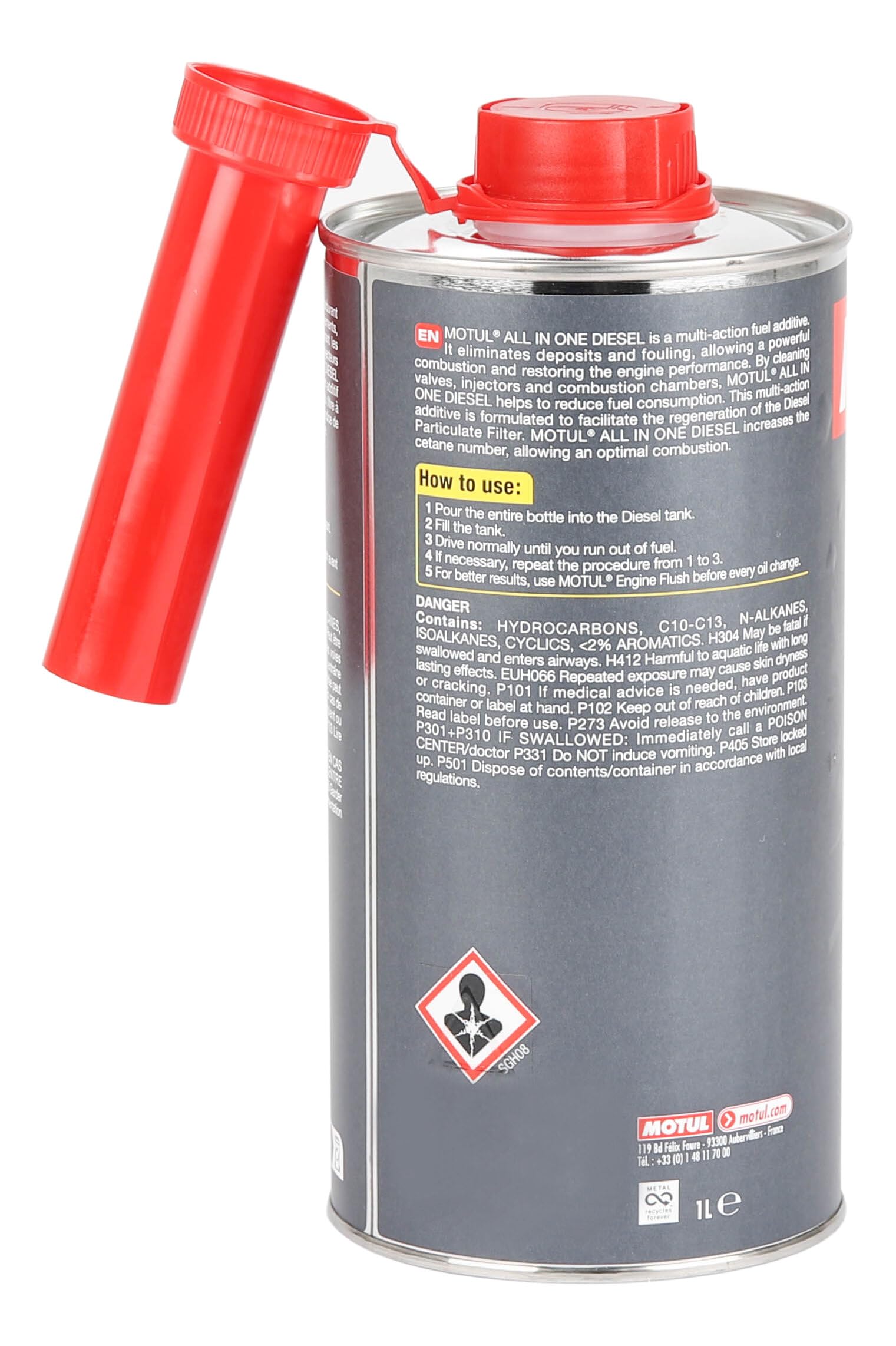 Motul - Additif Tout en Un Diesel - Nettoyant Multi-Action Curatif - Réduction Consommation et Émissions - Idéal Avant Contrôle Technique - All in One Ultra Diesel - 1L