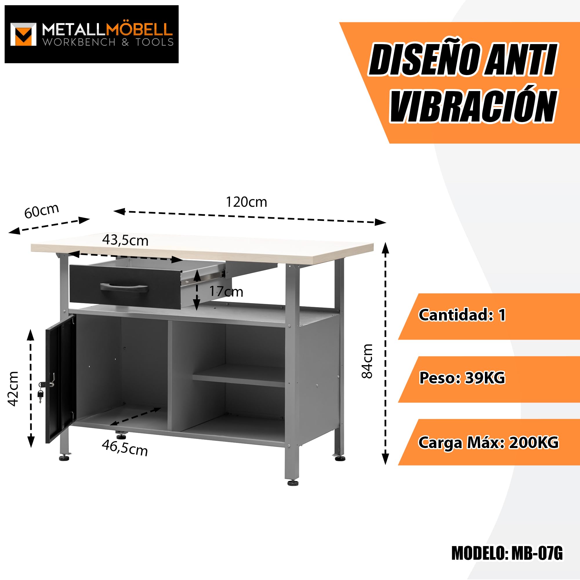METALLMOBELL Banco de Trabajo Profesional 120x60x84cm Cajón Armario con Llave MB007