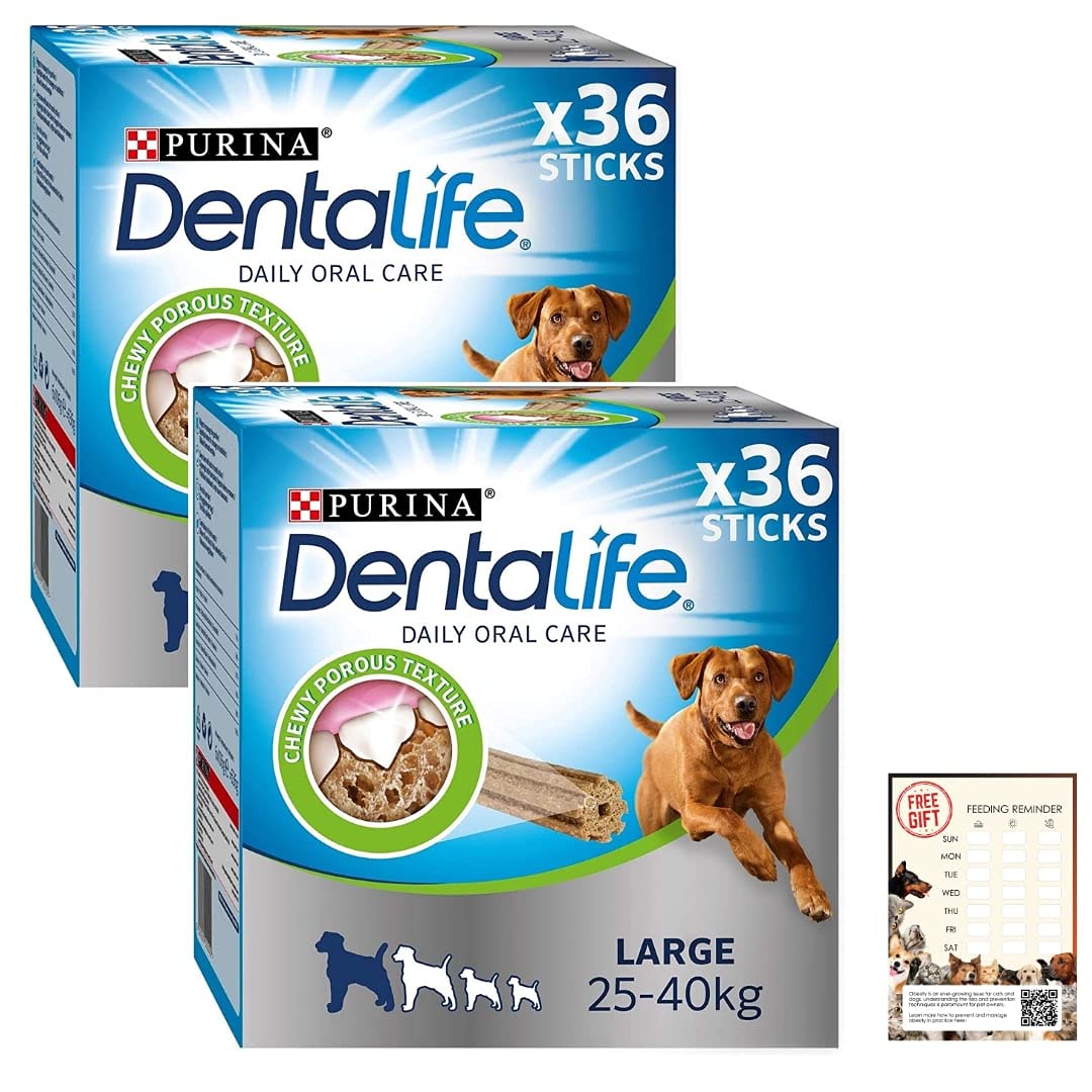Dentalife Large Adult Dog Treat Dental Chew 2 x 36 Sticks plus Feeding Reminder