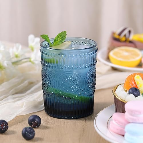 Miniatura 4 de Juego de vasos de vidrio vintage de 4 a 10.5 onzas, vasos azules para agua, vasos de cristalería en relieve para jugo, cerveza, cóctel, whisky,