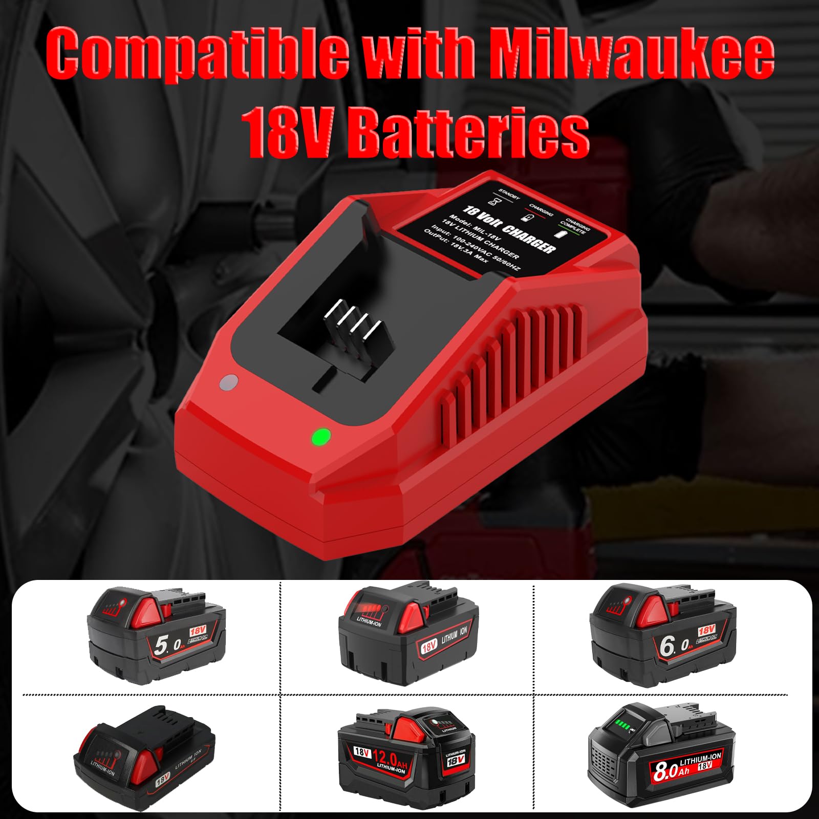 Energup Cargador para Milwau-kee Batería 18V 48-11-1815 48-11-1820 48-11-1840 48-11-1850 Reemplazo para Mil Cargador 18V