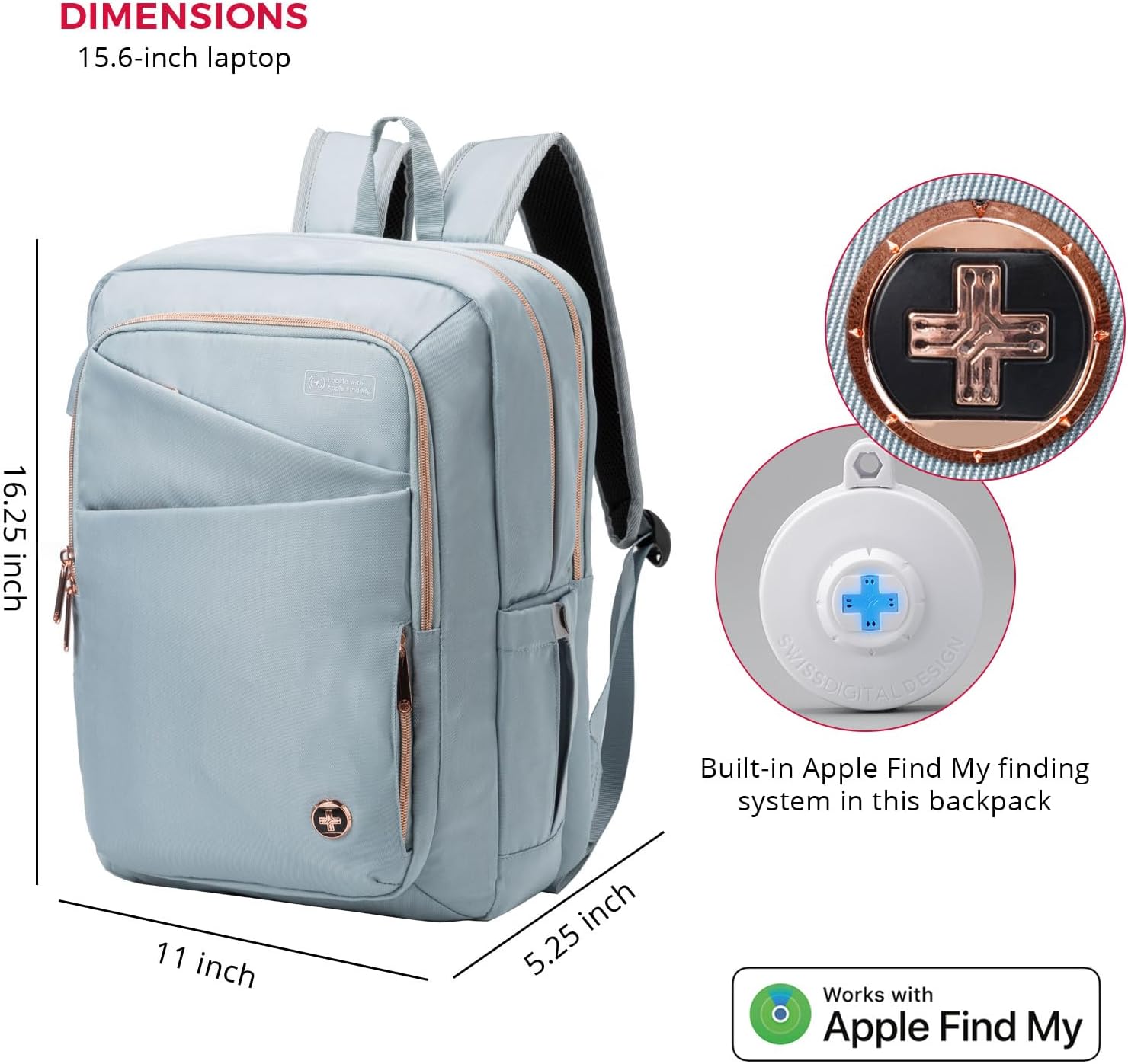 Swissdigital Design Laptop Backpack for Women with Apple Find My,Travel Bookbags with USB Charging Port，Computer Backpacks for Work Business,Teal Blue | SD1006FB-14