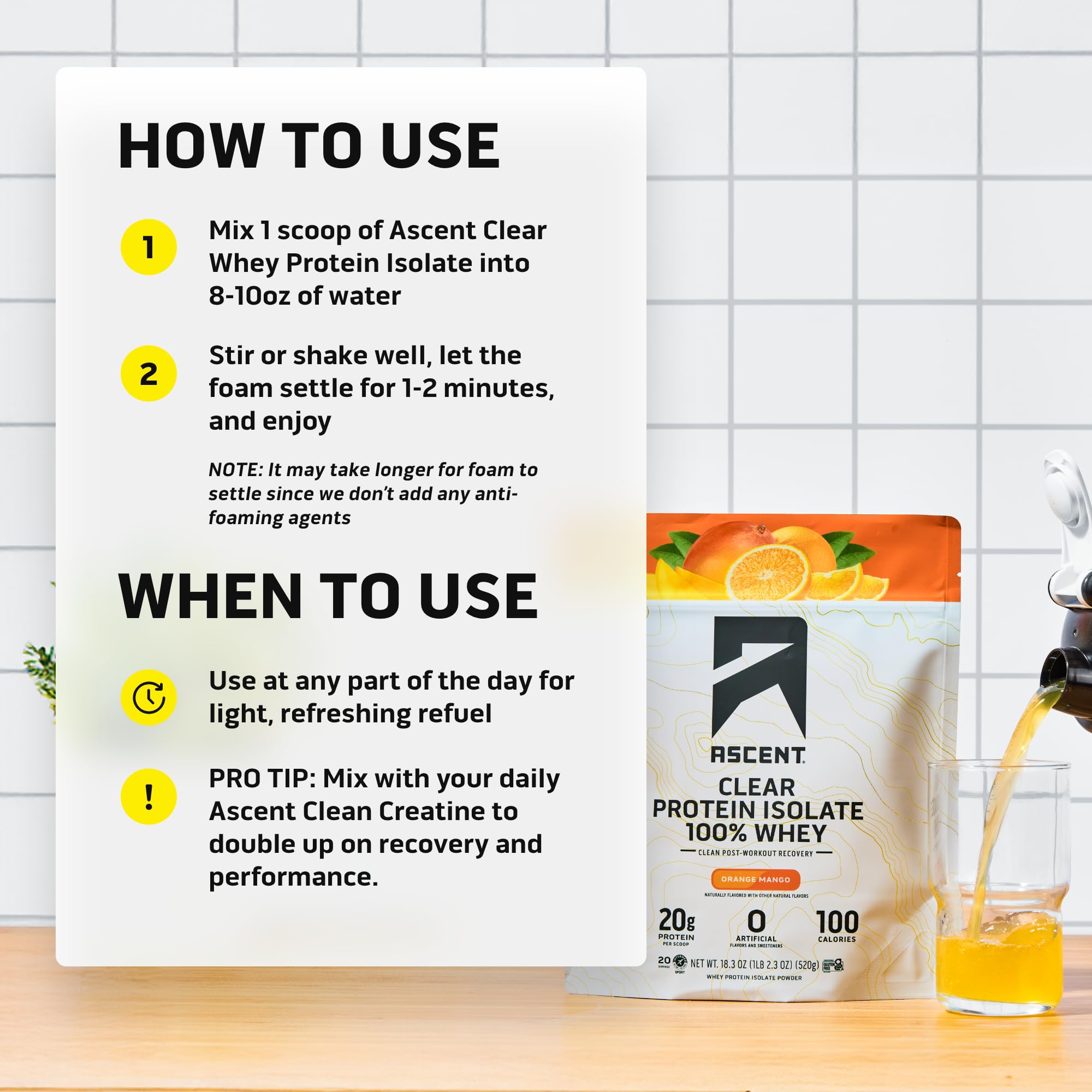 Ascent 100% Clear Whey Protein Powder - Post Workout, Zero Artificial Flavors & Sweeteners, Gluten Free, 5.5g BCAA, 2.1g Leucine, Essential Amino Acids, Orange Mango, 20 Servings — Amazon image 6