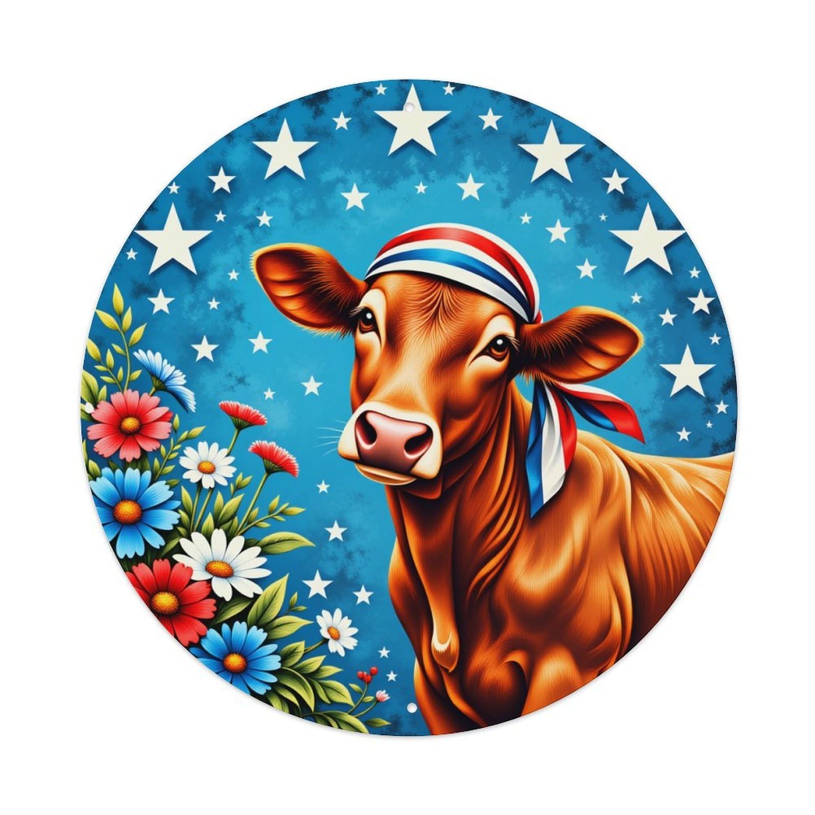 Cow With Stars And Flowers Vintage Metal Tin Sign Retro Wall Decor for Home Bar Garage Cafe, Indoor & Outdoor Decorative，circle Metal Poster, 8x8 Inch