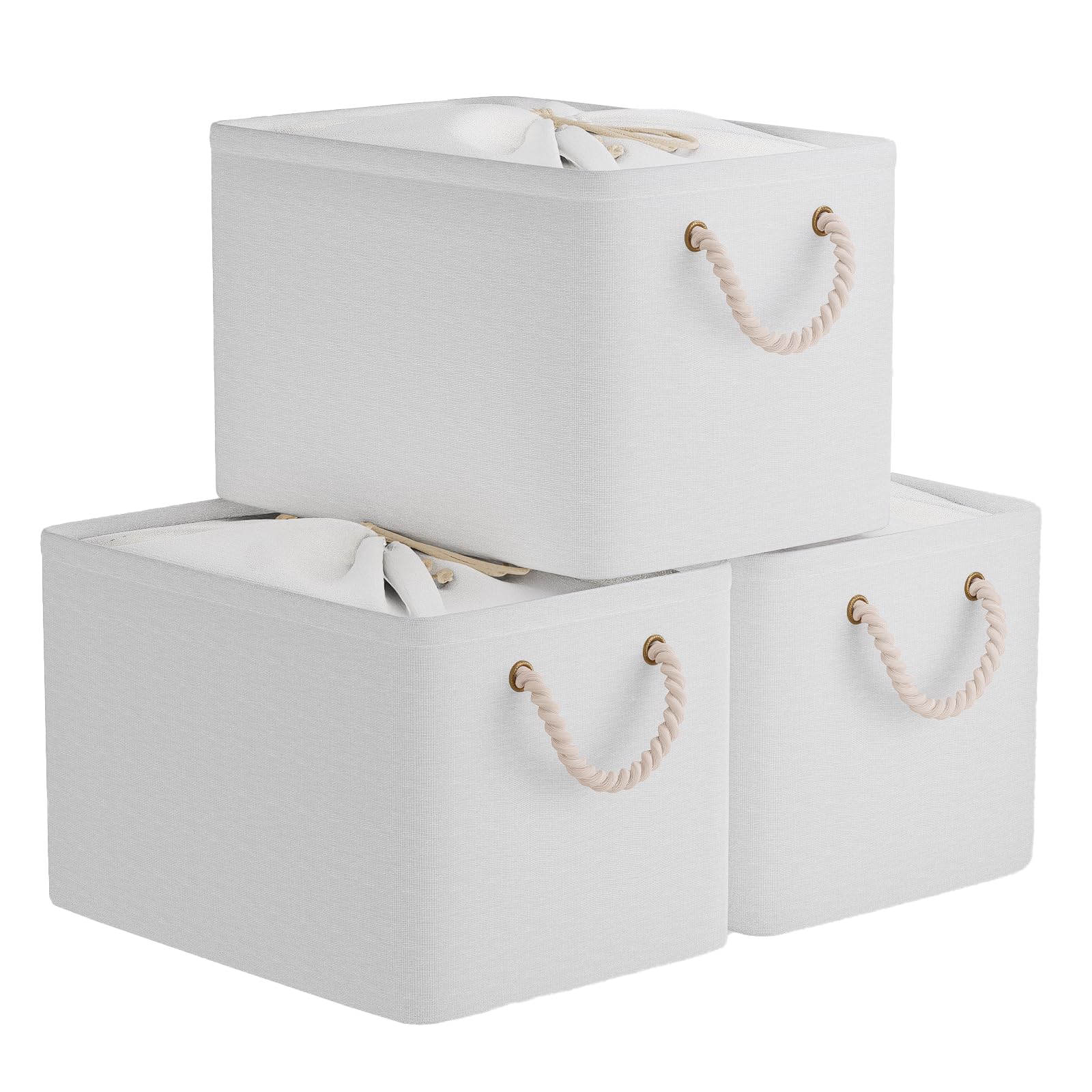 OUTBROS Juego de 3 Caja de Almacenaje plegable, 38 x 28 x 26 cm Cesta de Almacenamiento grande de tela con asas de transporte y cubierta de cordón para toallas, ropa, Blanco puro