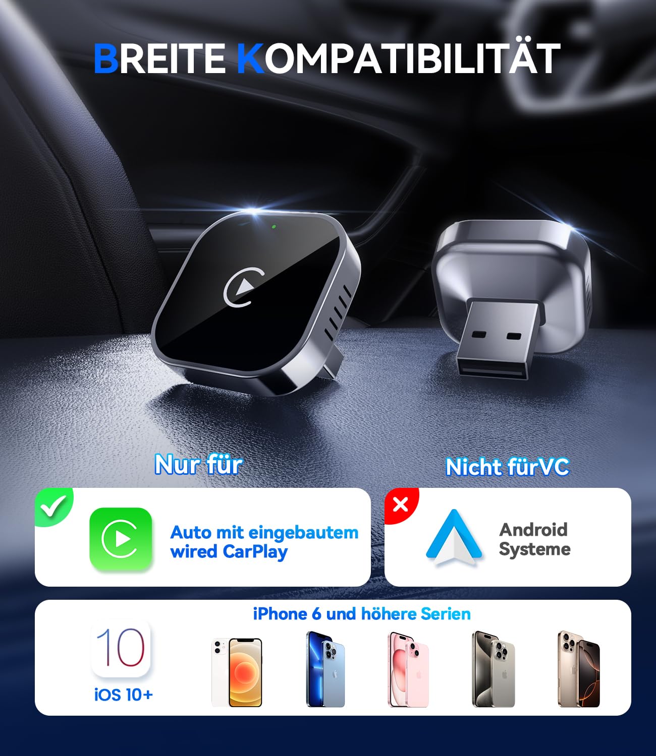 Wireless CarPlay Adapter für iPhone, kabellos, Plug & Play, stabile Verbindung, Mini Design
