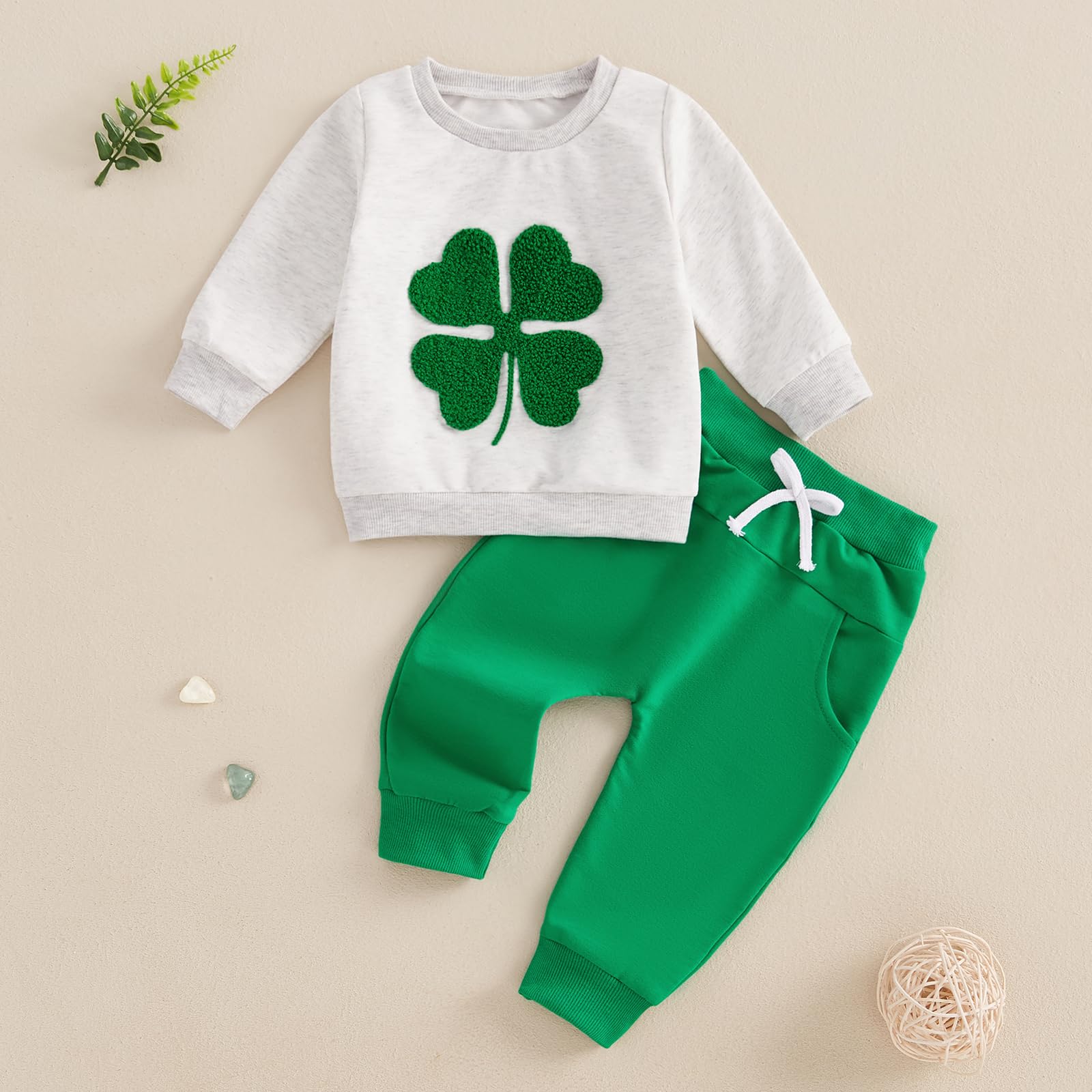 Doqcey Toddler Baby Boy St. Patrick's Day Outfit Four Leaf Clover Embroidery Sweatshirt Elastic Waist Pants Set Irish Clothes (Gray, 6-12 Months)