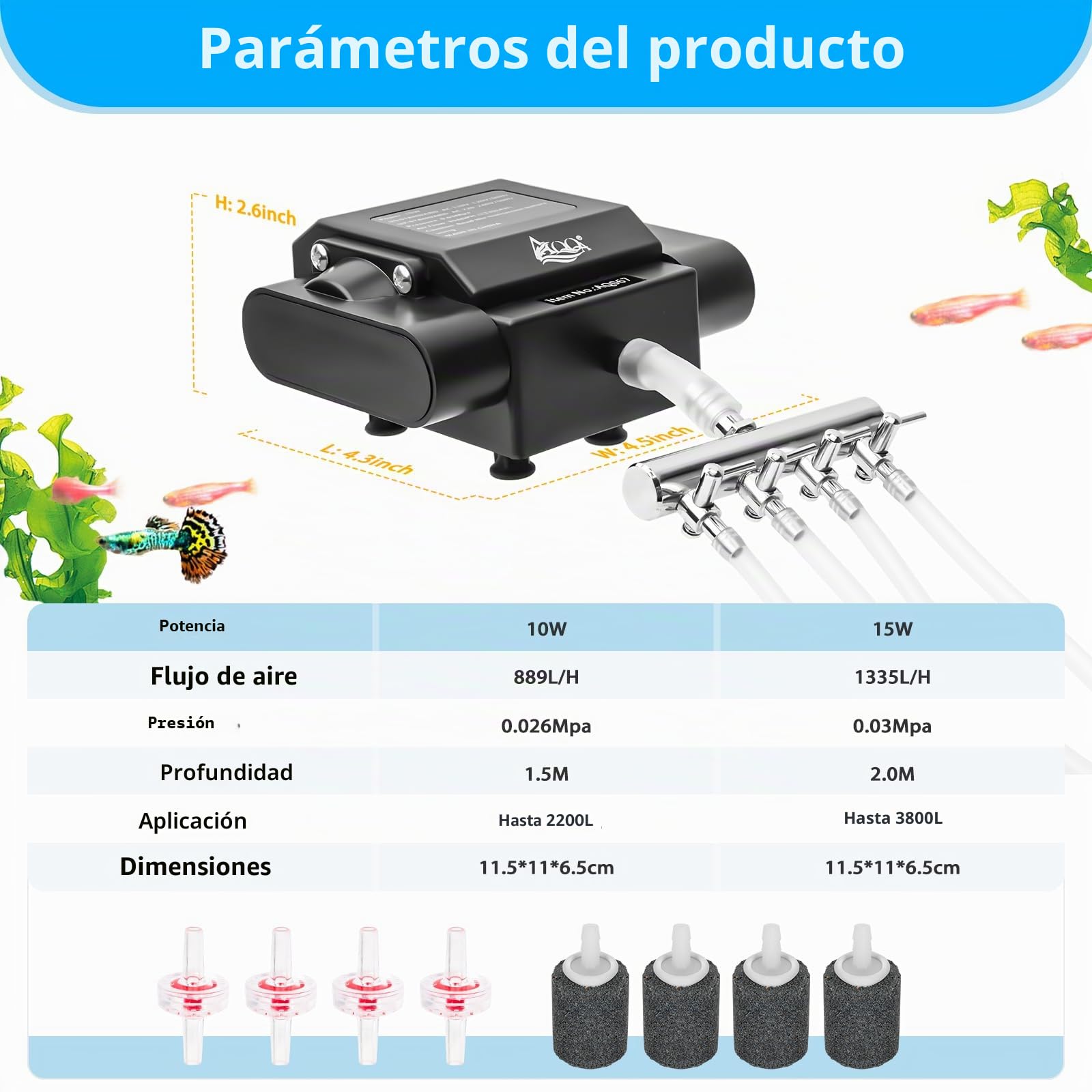 AQQA Bomba de aire para acuario, 4 tomas, potente aireador de estanque al aire libre, bomba de oxígeno para peceras, bomba de burbujas de aire ajustable con accesorios