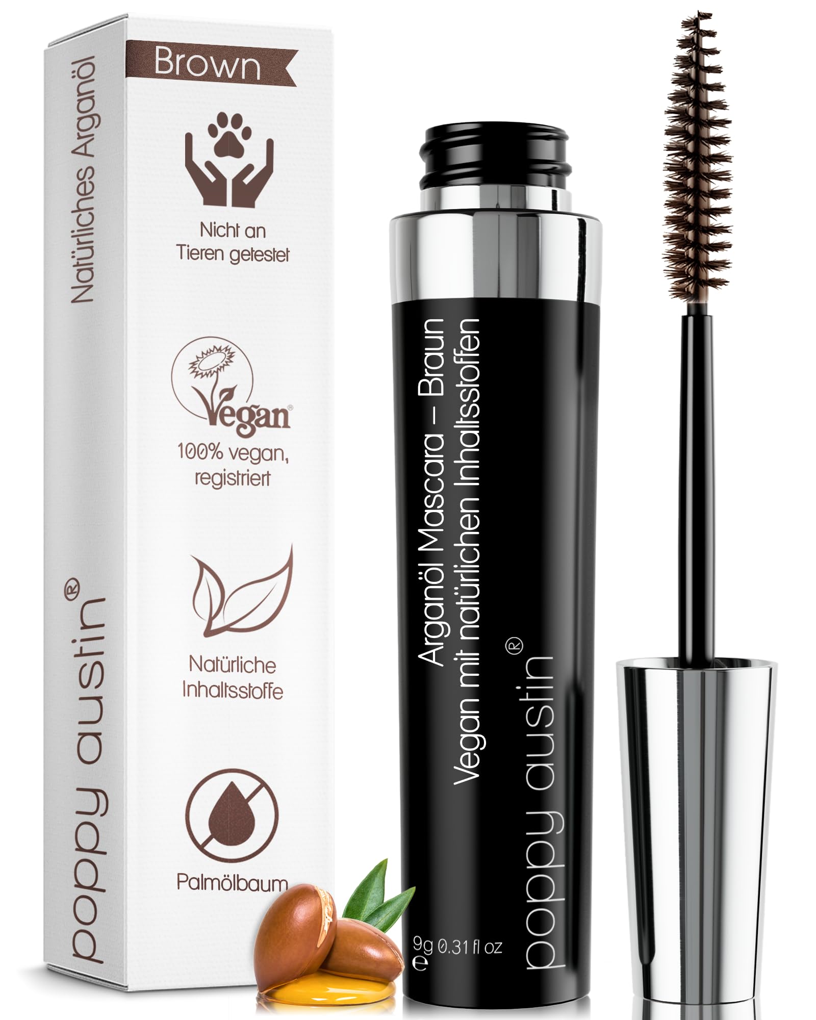 Poppy Austin - Mascara Vegana Marrone Volume e Lunghezza Waterproof - Mascara Volumizzante Delicato e Ipoallergenico, Biologico e Cruelty-Free, Ideale per Occhi Sensibili (9 grammi, Marrone)