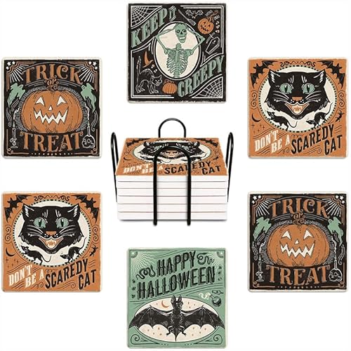 Juego de 6 posavasos para bebidas, color verde y negro, vintage, para Halloween, absorbente, cuadrado, con base de corcho y soporte de metal,