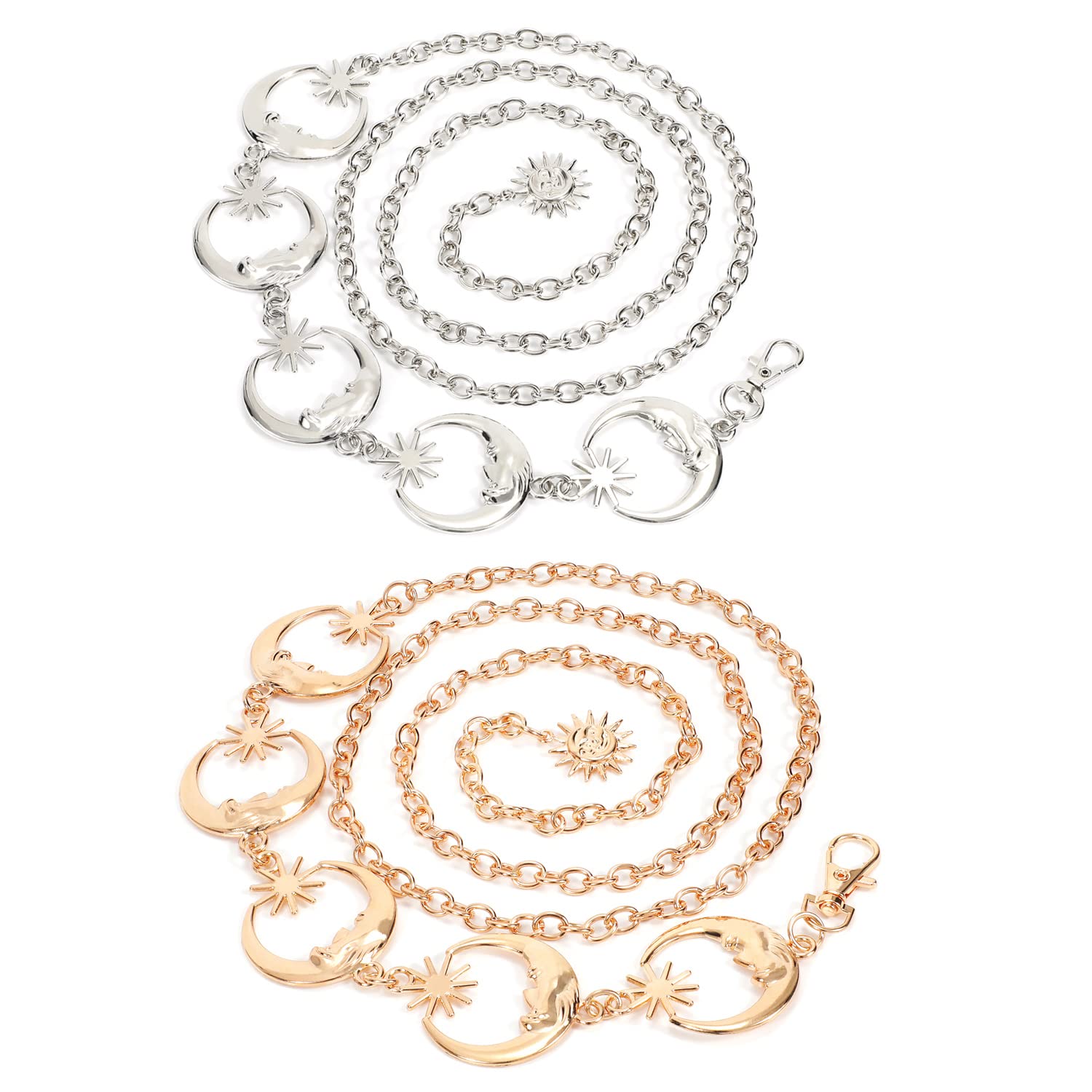 WERFORUWomen's Silver Metal Link Moon Star Body Chain Belt Ladies Waist Chain Belt for Jeans Dress, Silver+gold, Fit waist size below 54", Fit waist size below 54", Metal