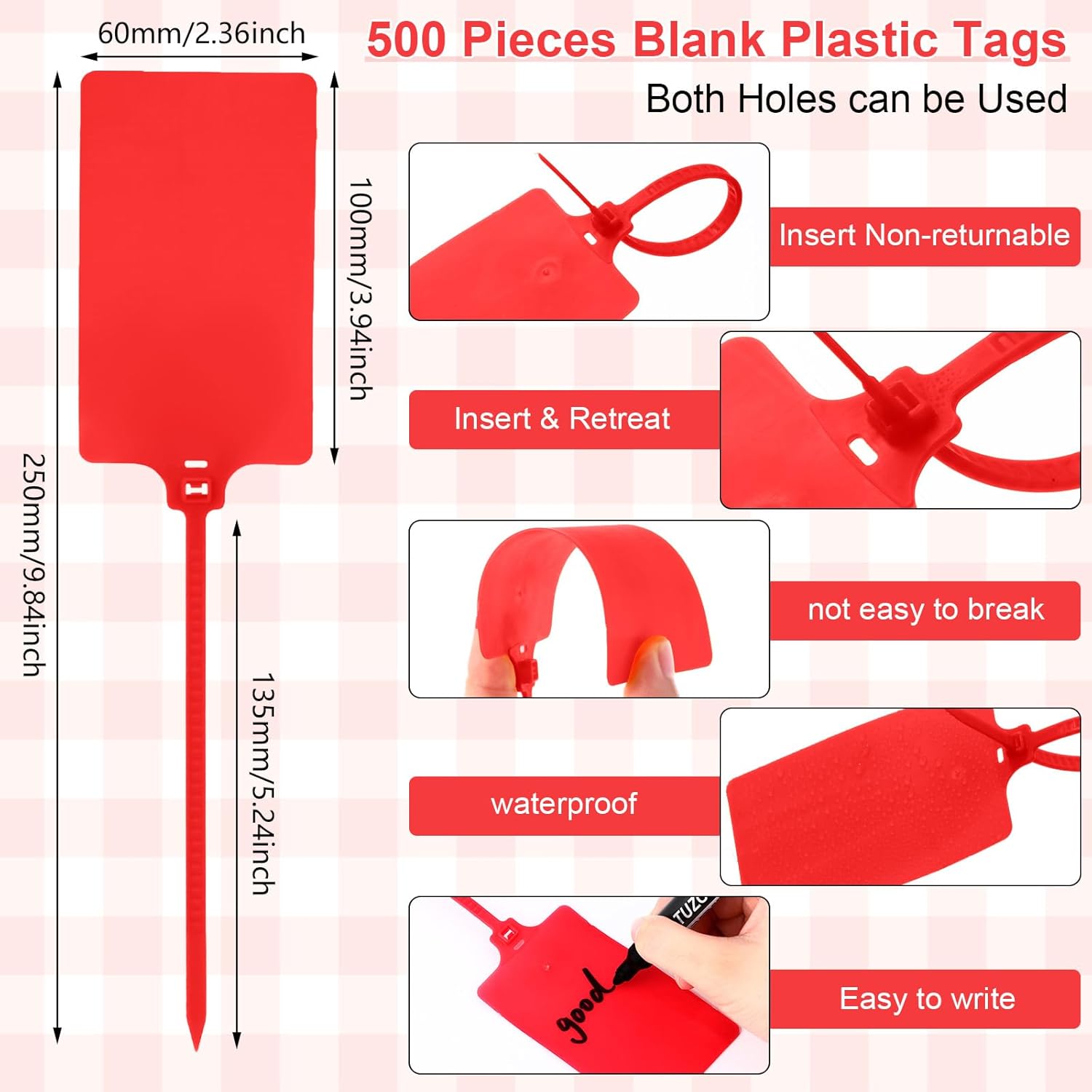 Chunful 500 Pcs Blank Plastic Tags Shipping Tags 3.94"x 2.36" Waterproof Sealing Shipping Labels Bulk Writable Hanging Tag Ties Sealing Strap Reusable Mark Labels for Keys Luggage Logistic(Red) - Image 2