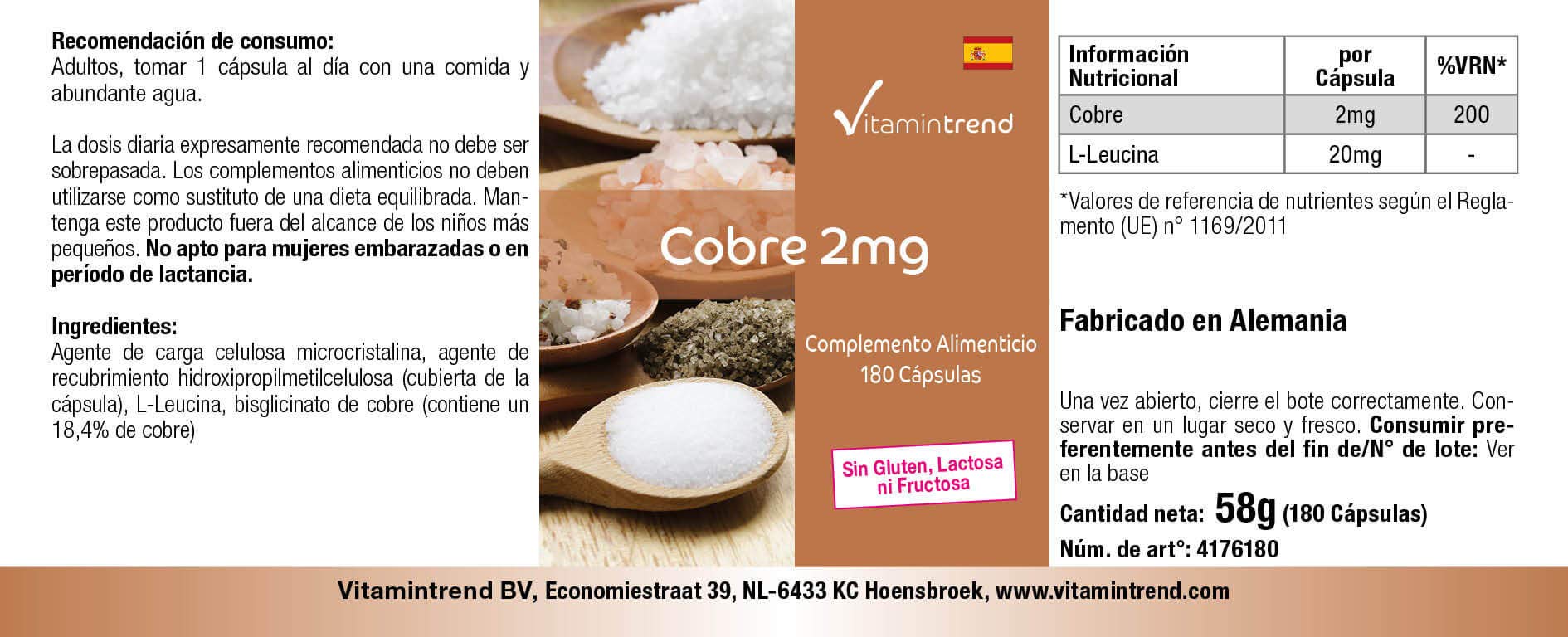 Vitamintrend rame 2 mg, 180 capsule, facili da deglutire, ad alto dosaggio, integratore alimentare vegano senza magnesio stearato, prodotto in Germania