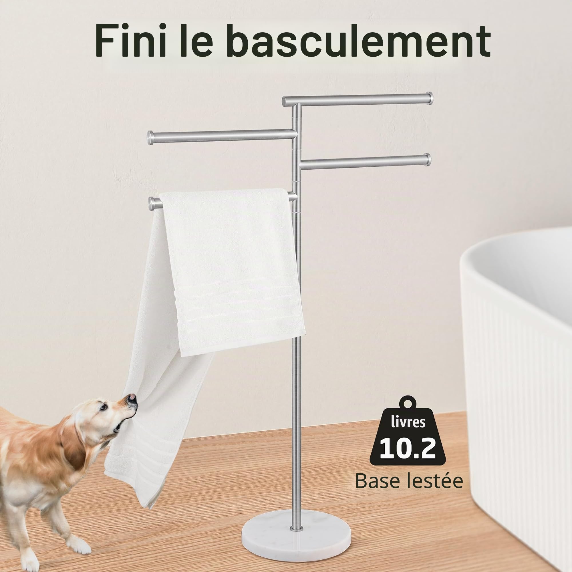 KES Porte-Serviettes sur Pied Porte Serviettes Pivotant 4 Barres avec Base en Marbre Porte Serviette Acier Inoxydable SUS304 Barre Porte-Serviette Brossé, BTH219S4-2