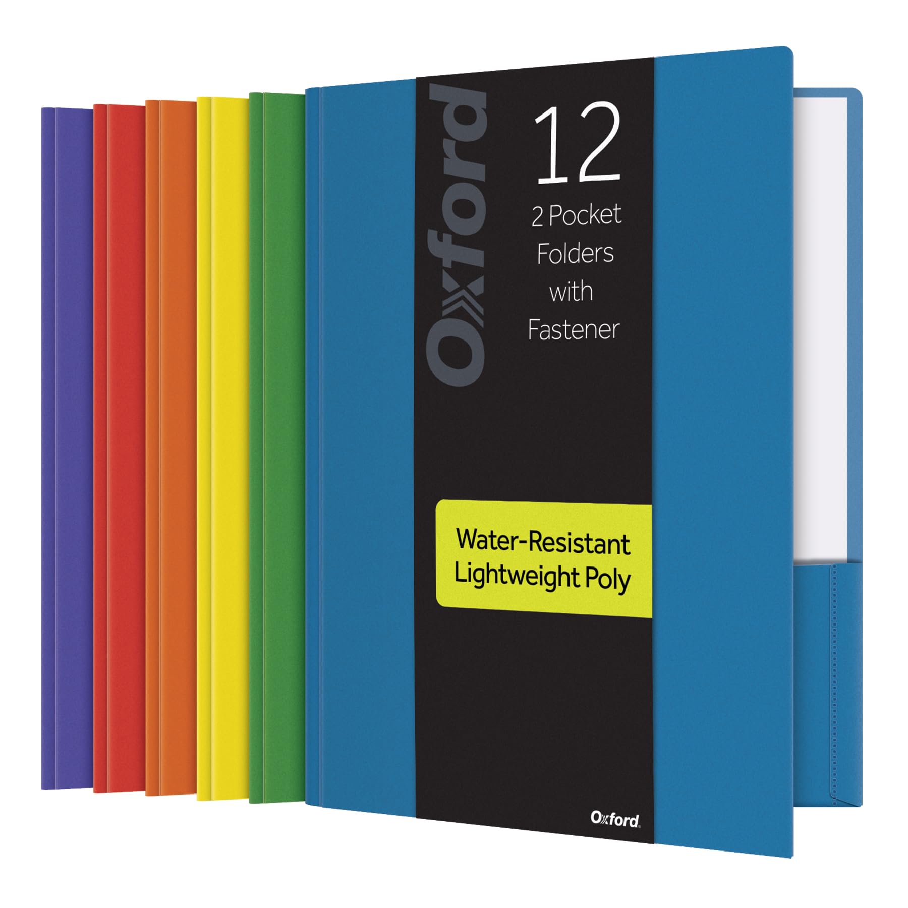 Oxford 2 Pocket Folders with Fasteners, Folder for School and Office, 2 Pocket Paper Organizer, Plastic Folders, Letter Size, Asst. Colors, (Blue, Green, Yellow, Orange, Red, Purple, 12 Pack (13188)