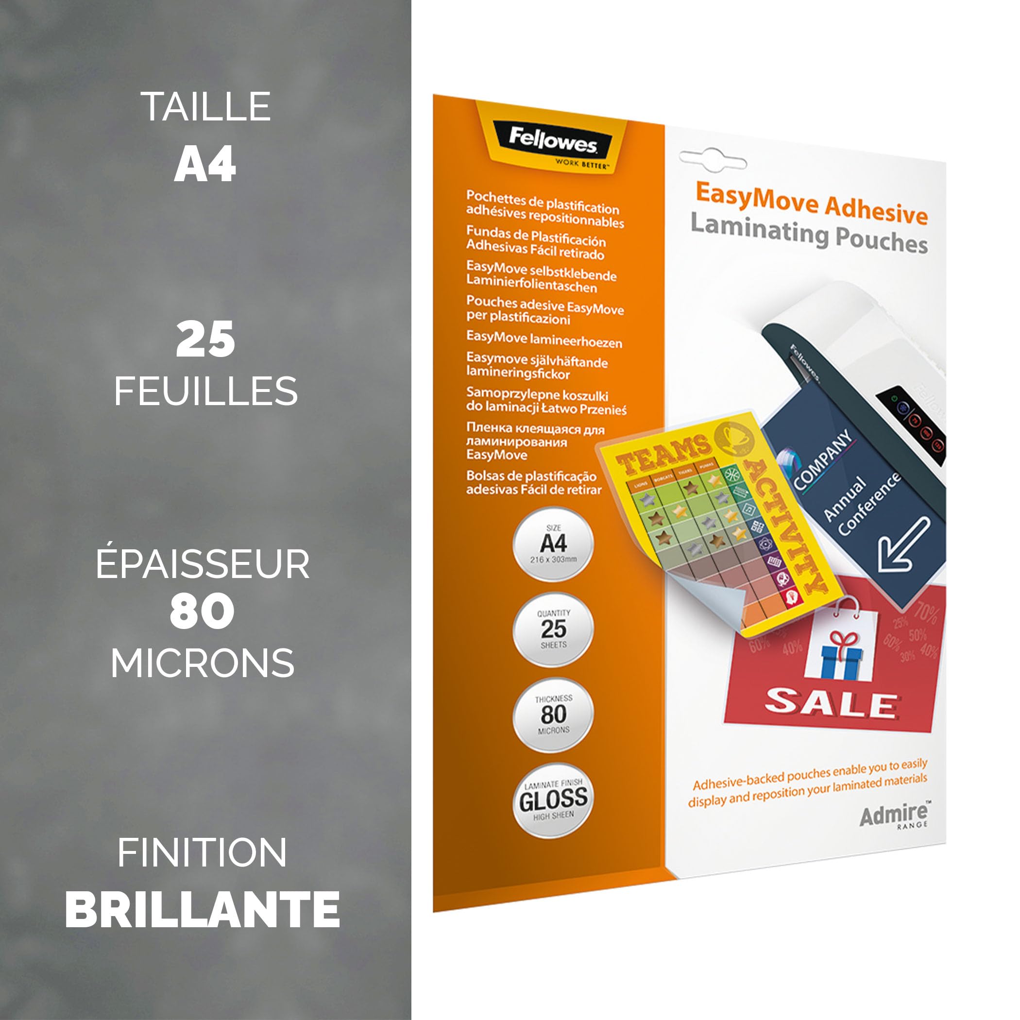 Fellowes pochettes de plastification Admire A4 80 microns lot de 25 brillant