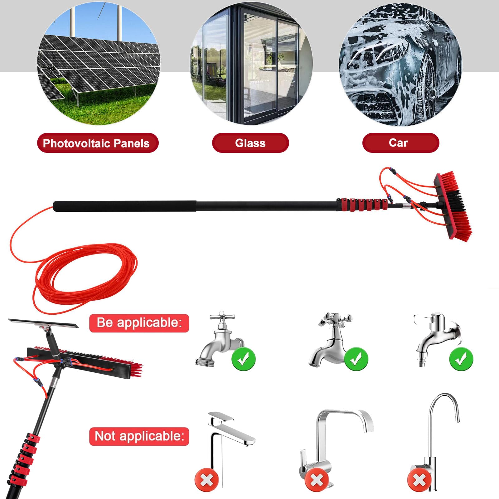 Genérico Cepillo para Ventanas con Panel Solar y Poste, Kit de Poste con alimentación de Agua de 3,6 a 10,8 m, con dispensador de jabón y escobilla de Goma telescópica para Techo (35 cm, 7,