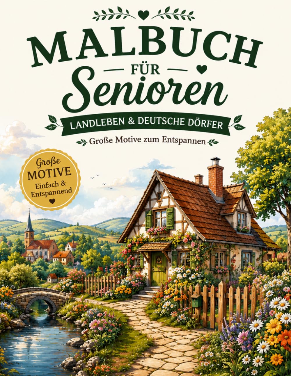 Malbuch für senioren große motive – Landleben & Deutsche Dörfer : Große Motive | Einfache Ausmalbilder mit Bauernhöfen, Fachwerkhäusern, Gärten und ... | Zum Entspannen und Stressabbau .