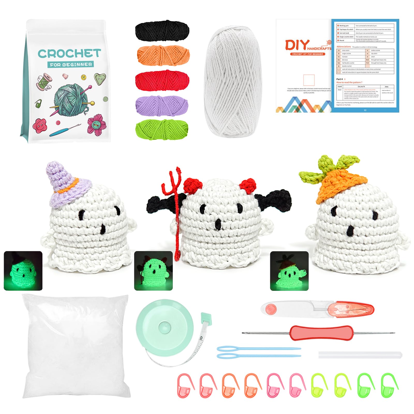 A AIFAMY Crochet Kit for Beginners Adults 3P Spooky Ghost Crochet Starter Kit with Glow in The Dark Yarn for Halloween Party Favor Gifts