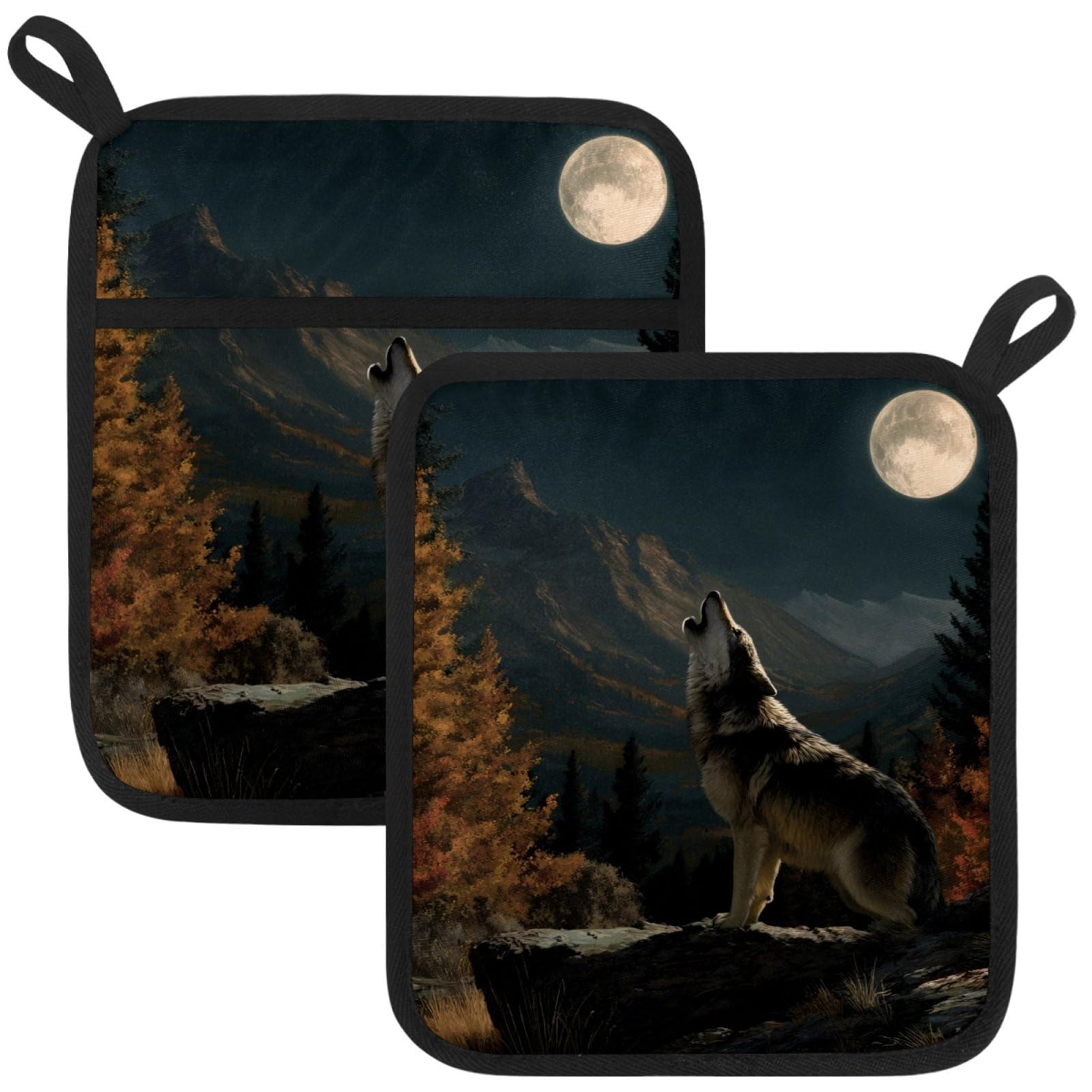 VAPOKF Wolf Moon Heat Resistant Pot Holders, Thick Pot Holders Pad with Hanging Loop for Kitchen, Oven Cloth Pads for Kitchen Baking Microwave Oven