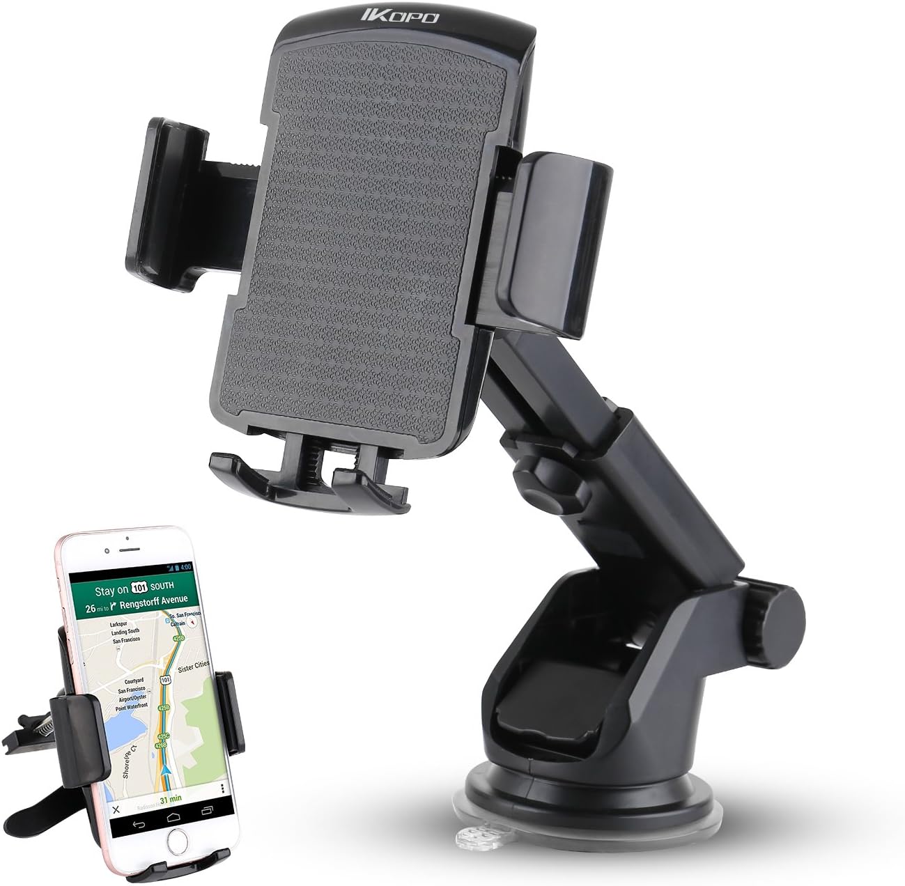 IKOPO 3-in-1 360° Rotating Easy to Use One Touch Cell phone Car Mount Holder Cradle for iPhone Samsung Galaxy LG Nexus (Black)