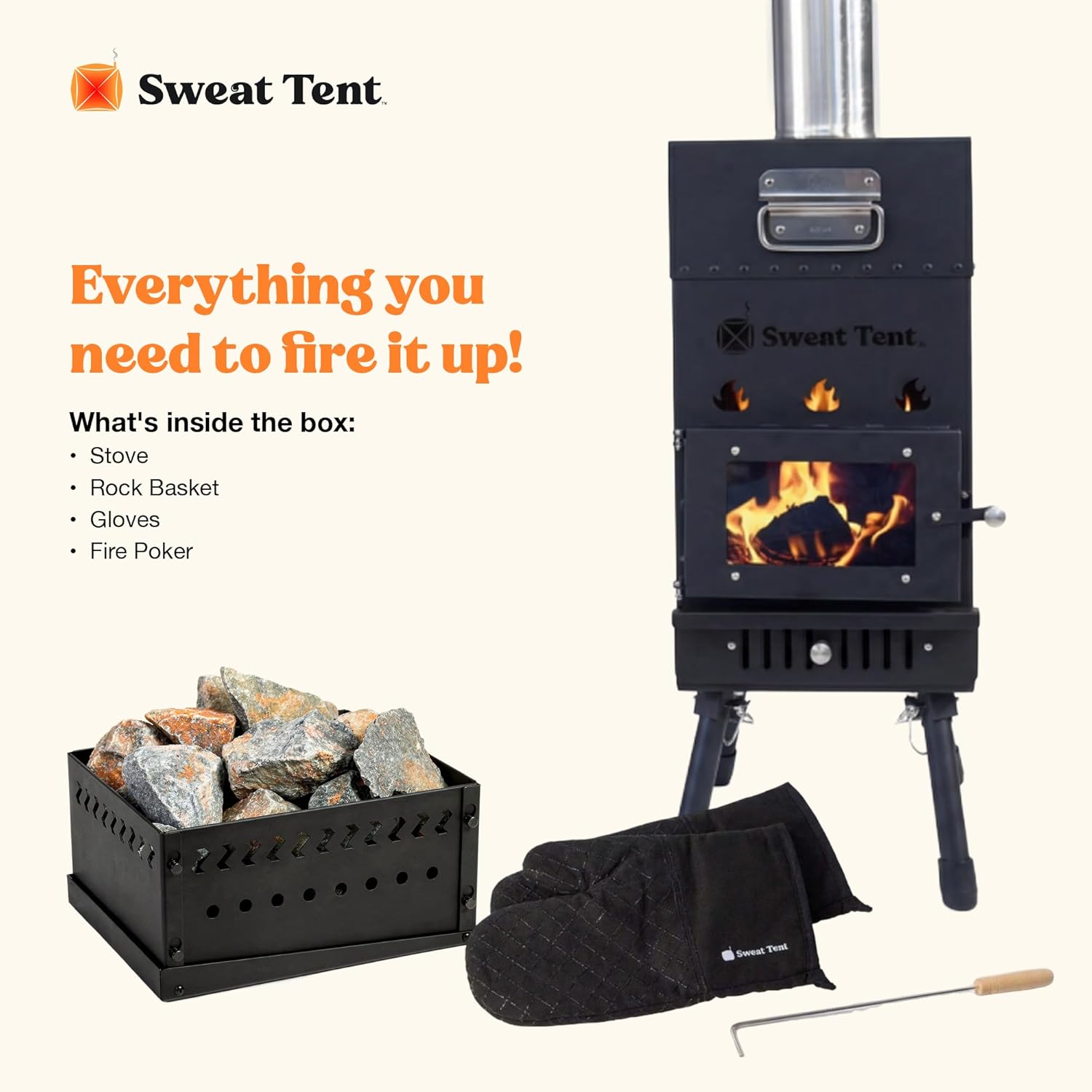 SweatTent Sauna Stove with Rocks Holder, Glove & Fire Poker
