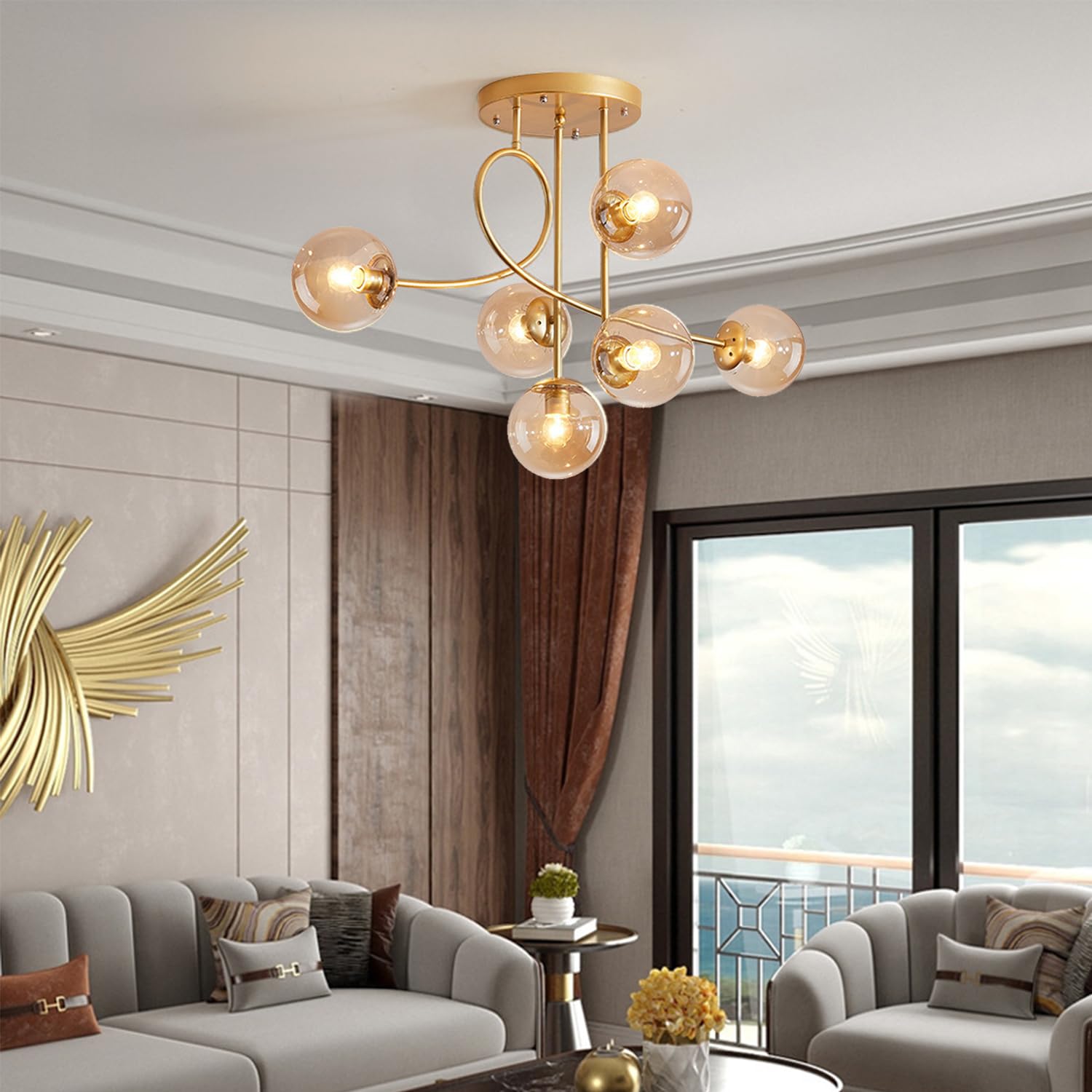 Lampadario moderno a soffitto E27 a 6 luci, lampadario a sospensione vintage in metallo con sfera di vetro E27 per camera da letto, soggiorno, cucina, loft, diametro 90 cm
