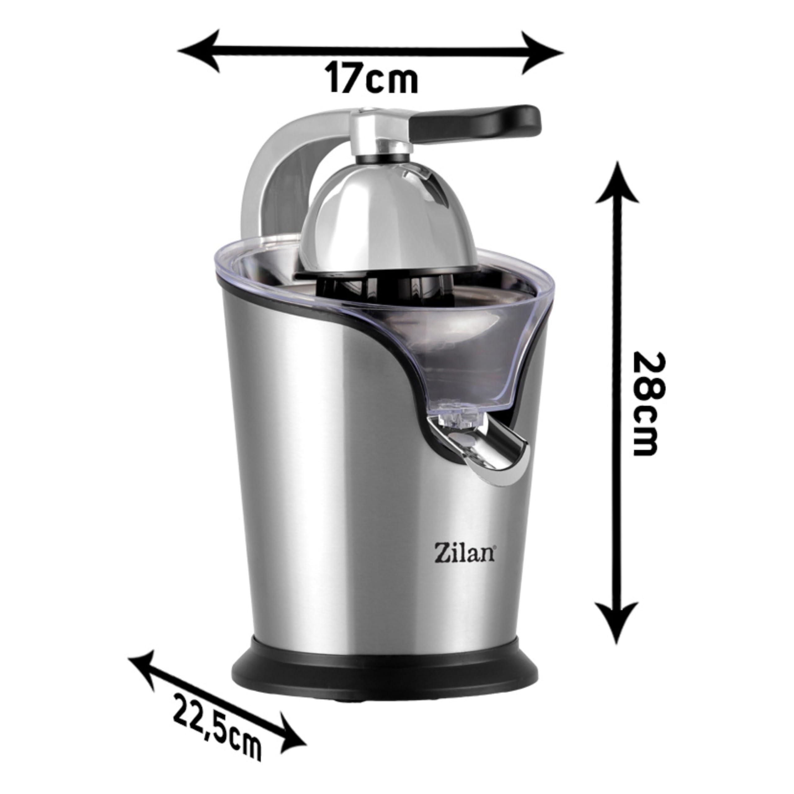 Elektrische Edelstahl Zitruspresse | Longlife-Motor | 500 Watt | 2 Presskapseln | Edelstahlsieb | Elektrische Saftpresse | Auto-Start-Stop | Entsafter