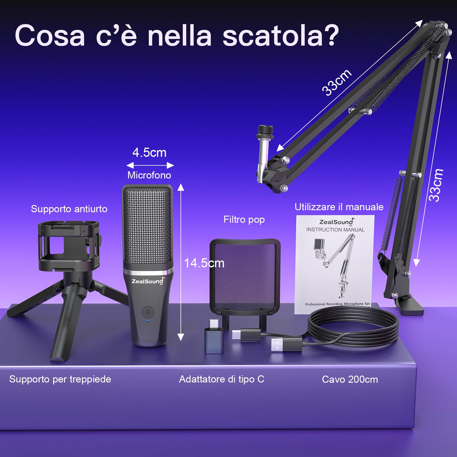 zealsound Set di microfoni USB, RGB microfono condensatore, RGB Gaming, microfono per PC, supporto a braccio incluso, cardioide, mute, YouTube/Zoom, live streaming, online, Android/Windows/macOS/PS