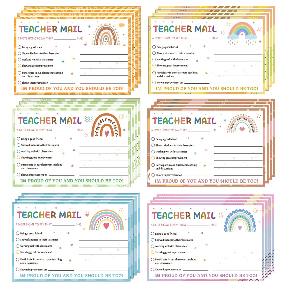 60Pcs Rainbow Happy Mail Teacher Notes to Classroom Good Behavior Incentive