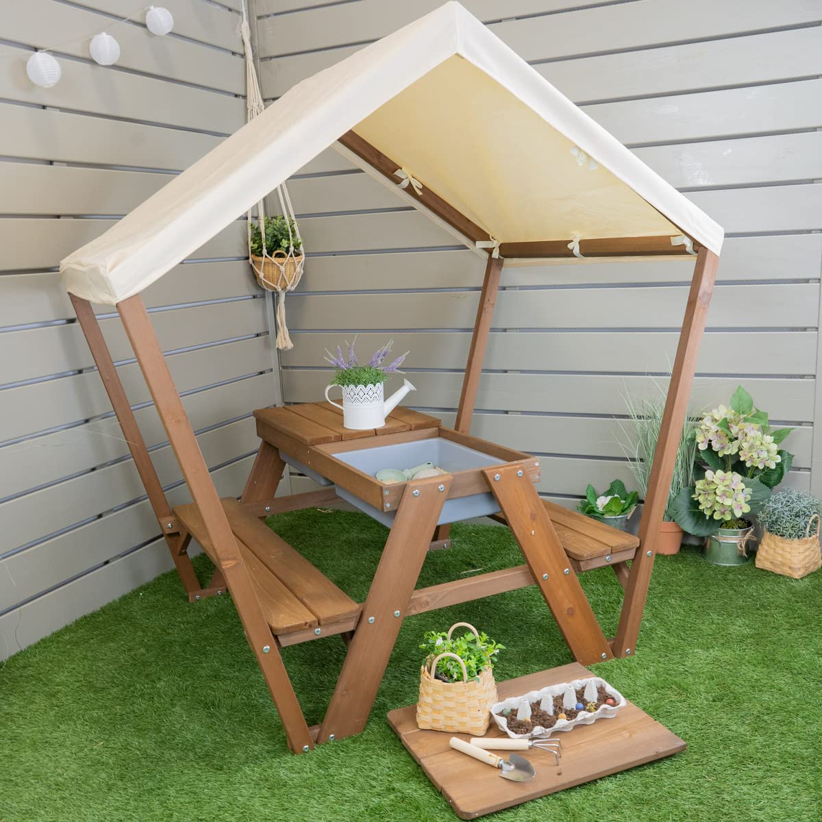 Meppi Pellworm Salon de jardin pour enfant en bois avec toit Marron