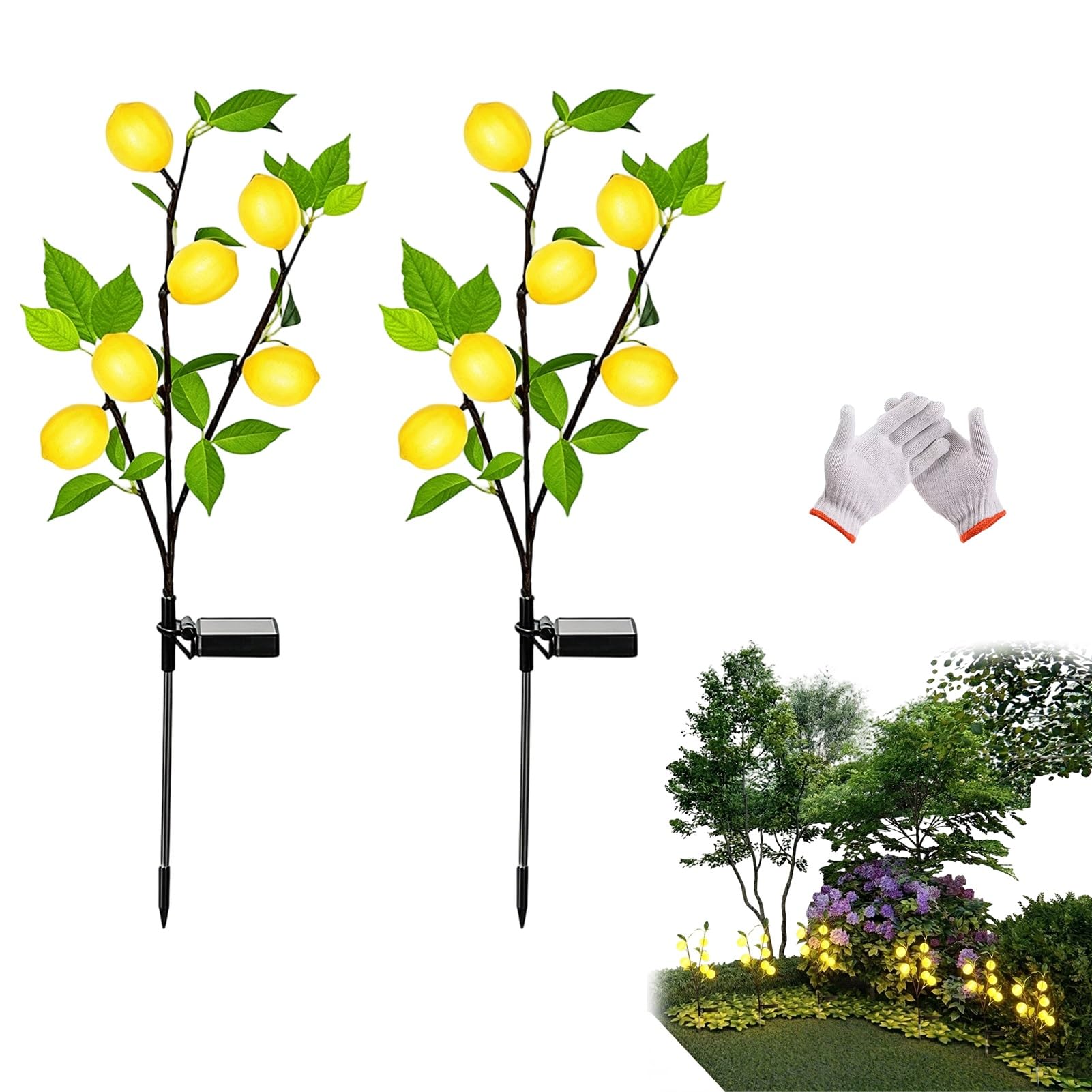 Solar Garden Lights Waterproof Solar Flower Tree Light With Realistic Lemon, Solar Tree, IP65 waterproof rating, For Decorating Gardens, Pathways, Courtyards, And Lawns[Energy Class A+++](2pcs-A)