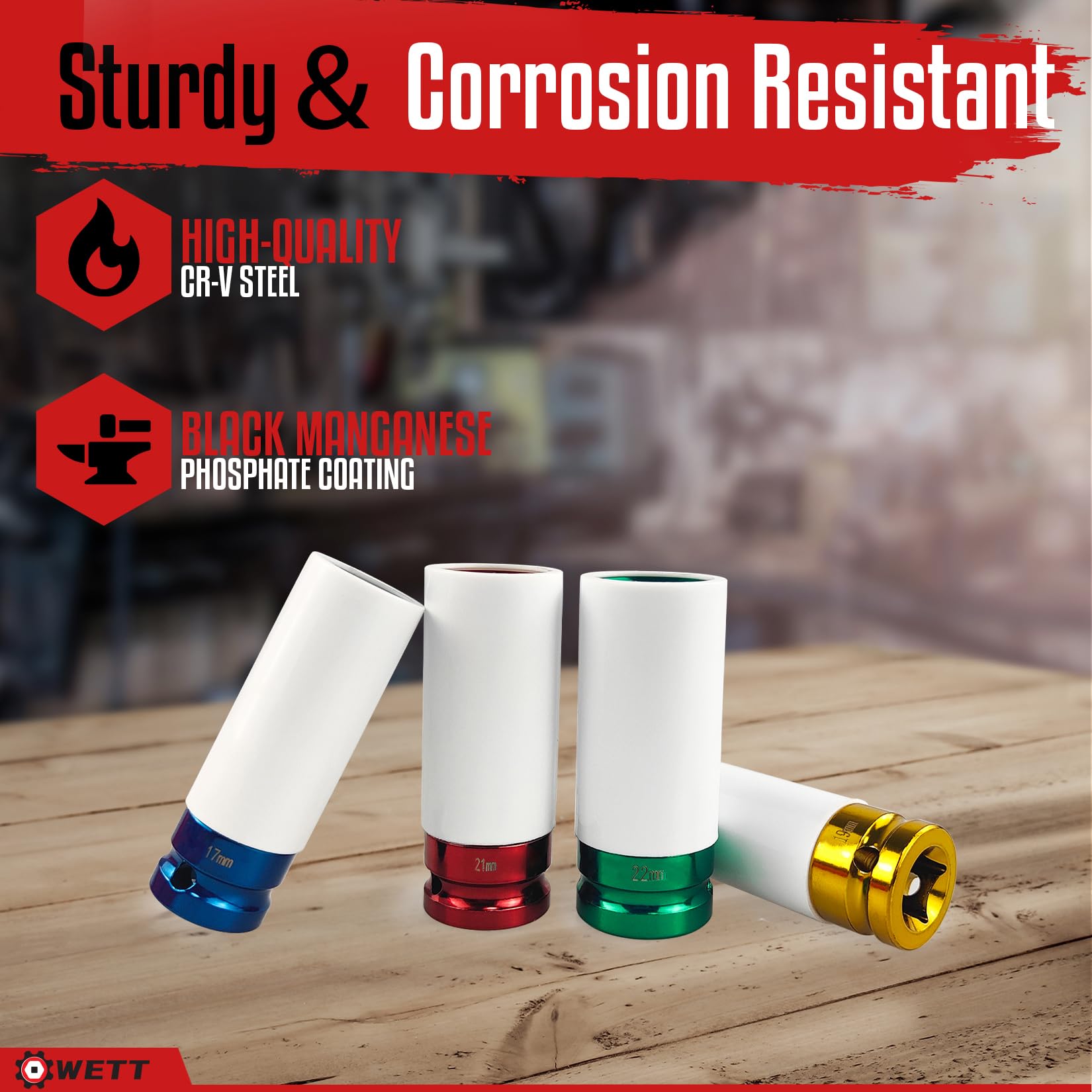 WETT Juego de 4 tuercas de 1/2 pulgada, protector de rueda de transmisión, juego de llaves de impacto profundo de pared fina, 6 puntos, métrico, 17 mm, 19 mm, 21 mm, 22 mm, tuerca de plástico