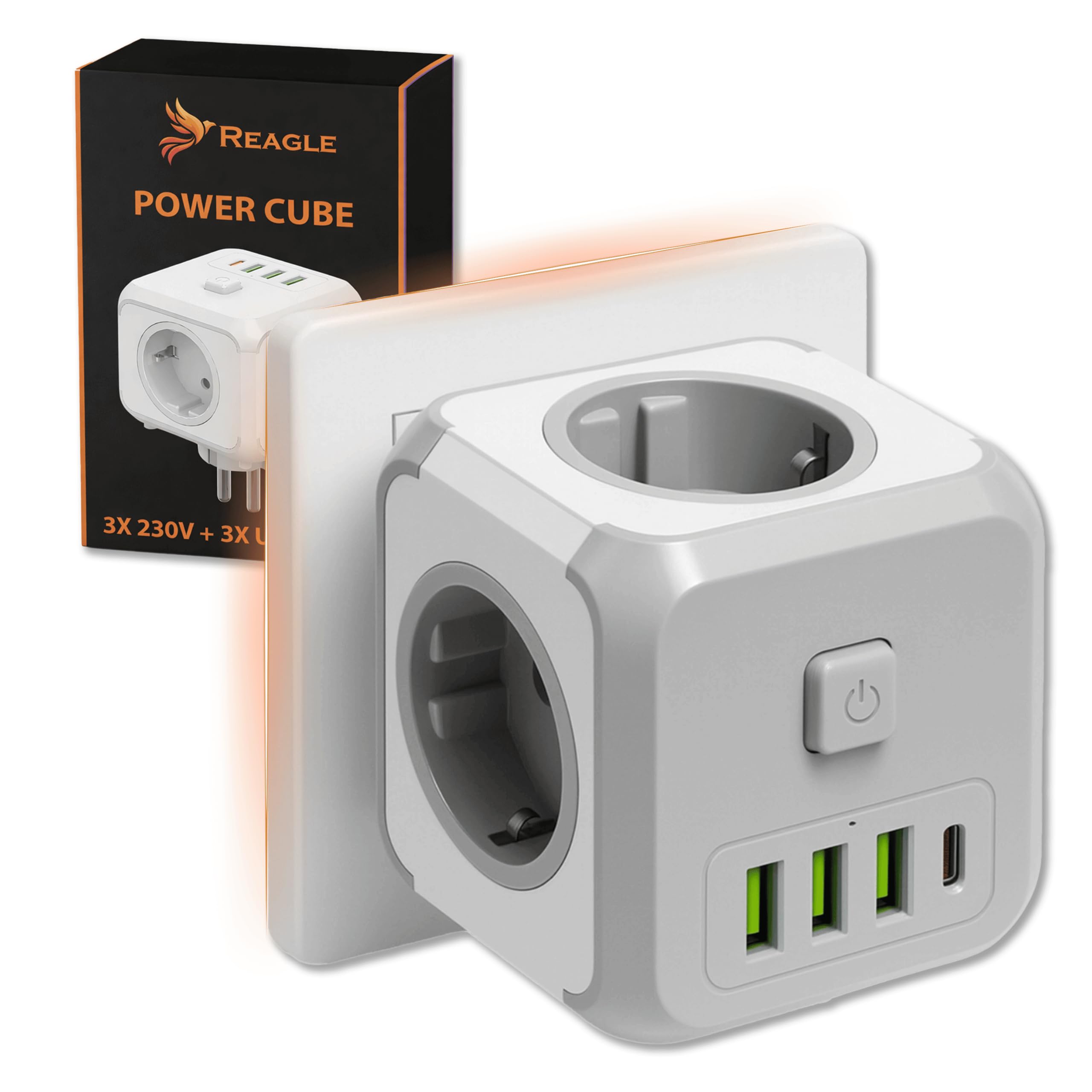 Reagle Listwa zasilająca bez kabla, 3 gniazda z kostką USB-A i USB-C, 2500 W, z przełącznikiem, listwa zasilająca Powercube do biura, domu, podróży