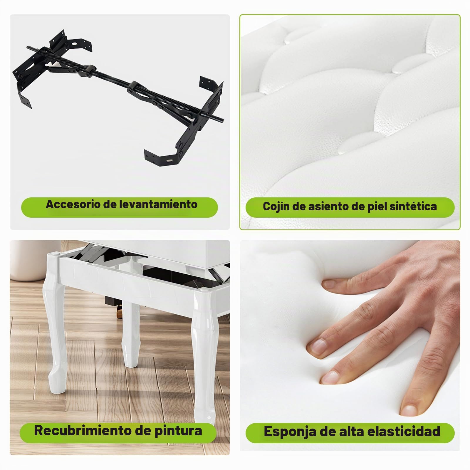 Banco de Piano de Cuero PU Engrosado con 10 Botones, Patas Curvas de Madera Maciza Ajustable en Altura, Blanco con Compartimento Almacenamiento
