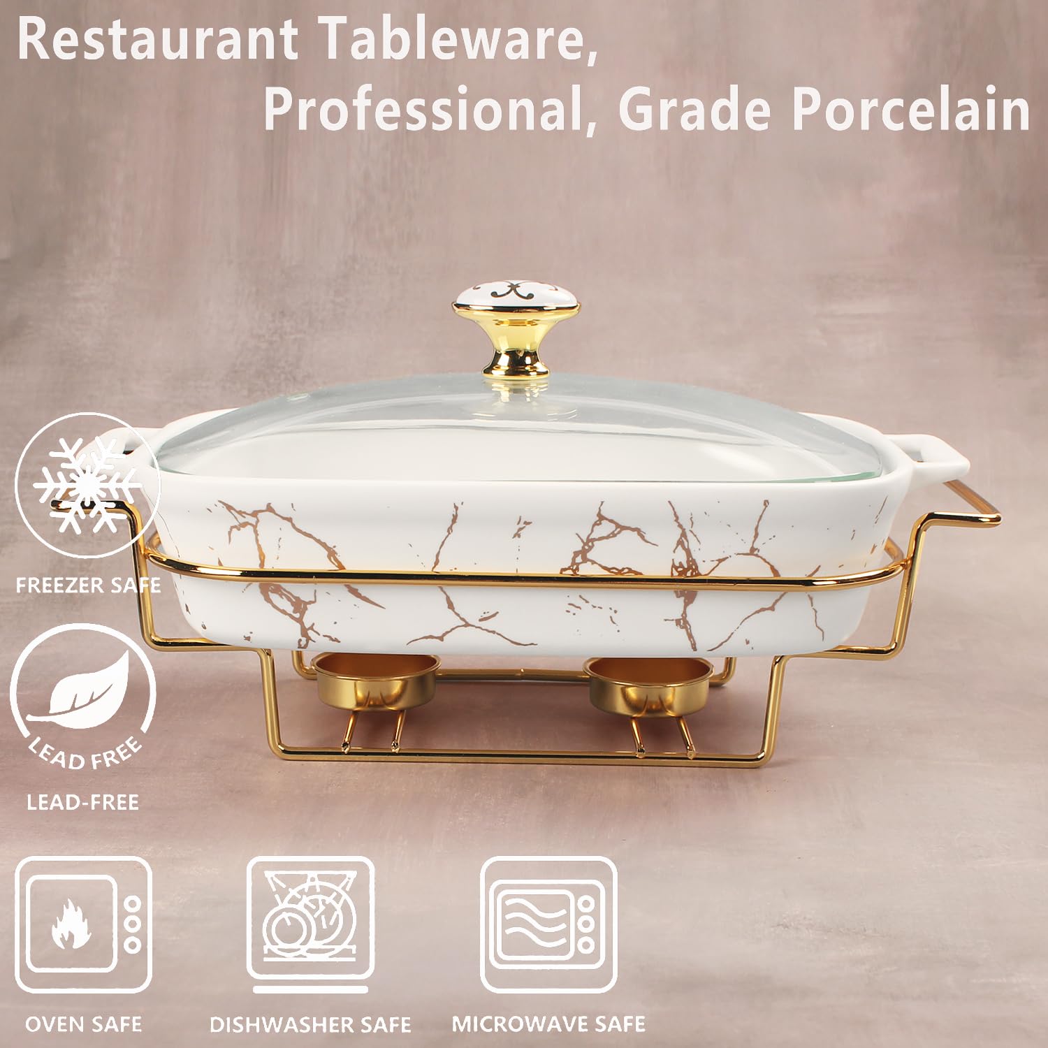 Plat à gratin en porcelaine avec couvercle en verre et grille - 2200 ml - Plat à soupe pour buffet - Plat à gratin pour conserver les aliments pour les fêtes