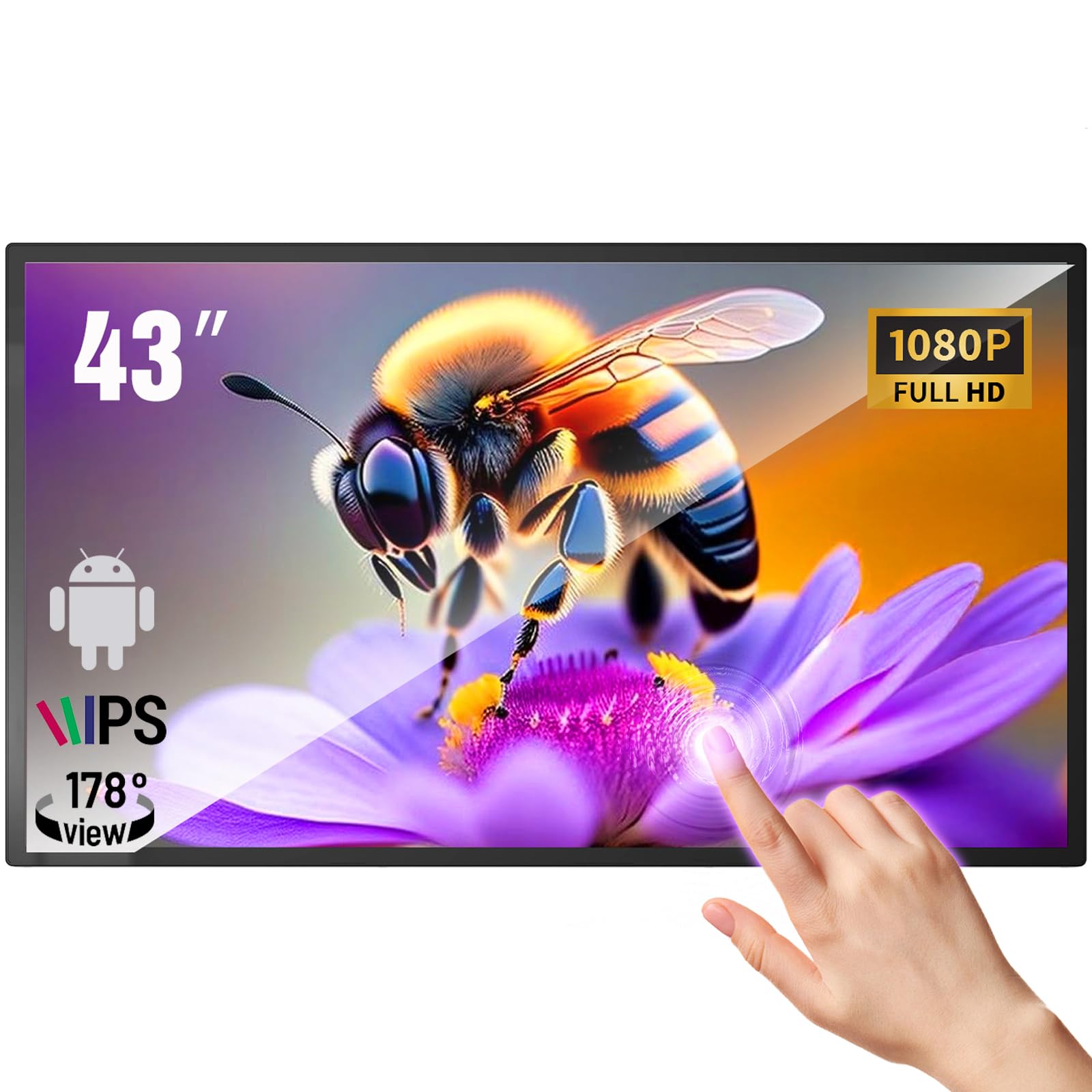 43 inch Wall Mount Digital Signage, FHD Touchscreen Monitor Android OS, Multi-Touch Screen Smart Split, Commercial Advertising Display, Time Switch, CMS Management, HD-MI/USB/WiFi/for Windows