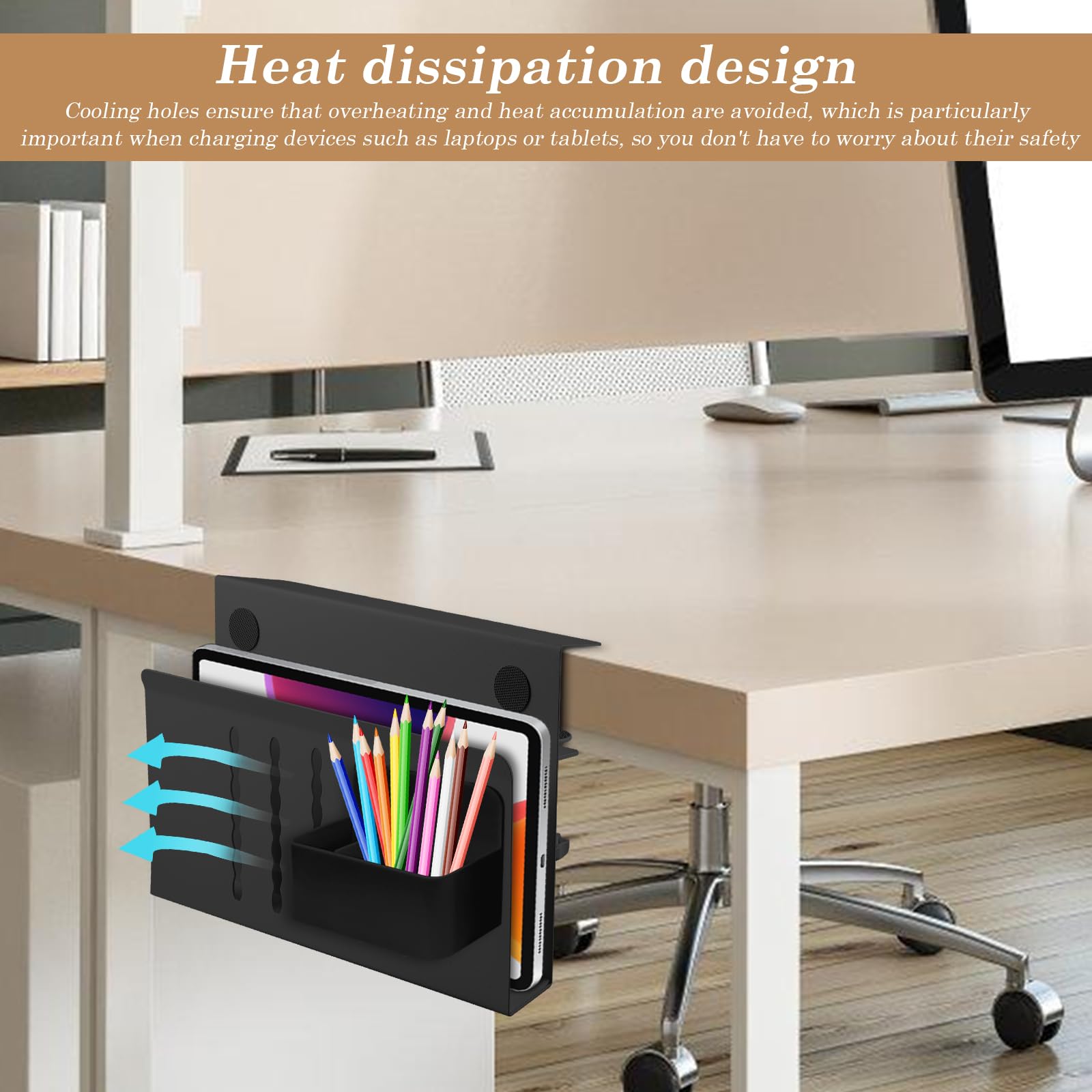 Rangement Latéral Bureau WIYETY Avec Porte-Stylo - Sans Perçage - Acier Carbone - Noir/Blanc Support PC