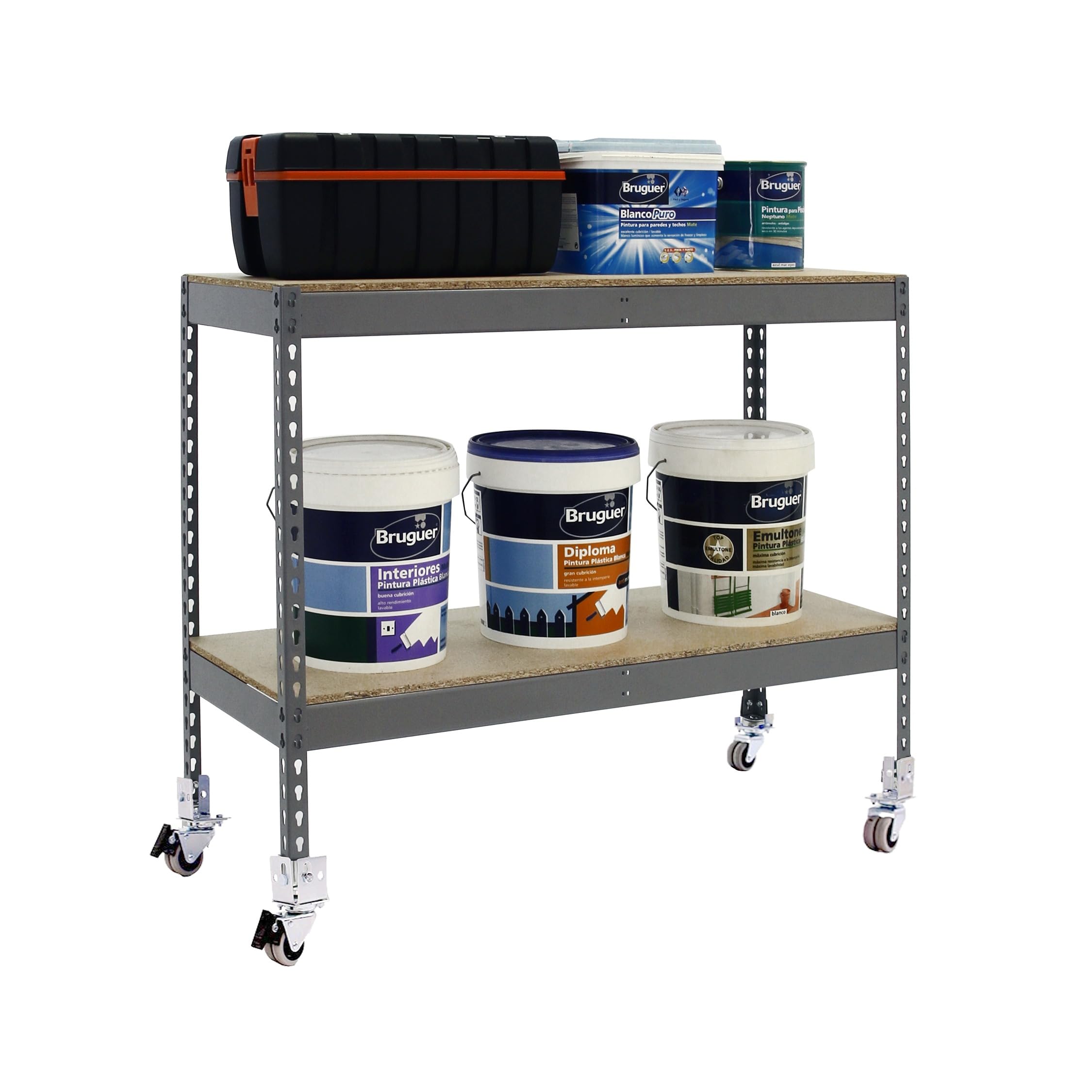 Simon Rack Estanteria Industrial, 975x1200x450 mm, 75 kg de Punto Flexión, 2 Alturas Madera, Estanteria Almacenaje, Inlcuye Ruedas, Gris/Madera - SimonTaller