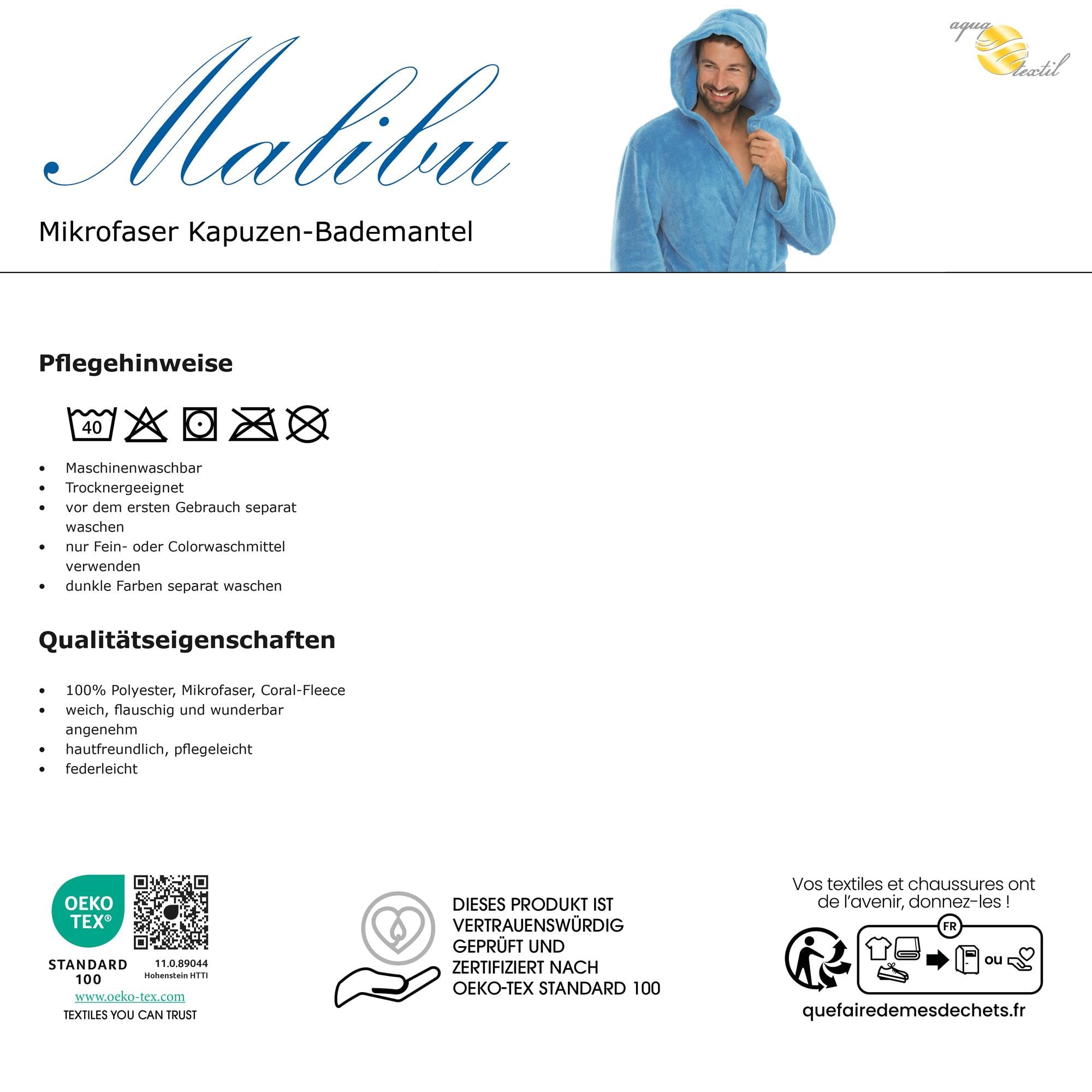 aqua-textil XS-XXXL Bademantel Kapuze Uni lang aufgesetzte Taschen Damen Herren Unisex Mikrofaser Kuschelfleece OEKO-TEX