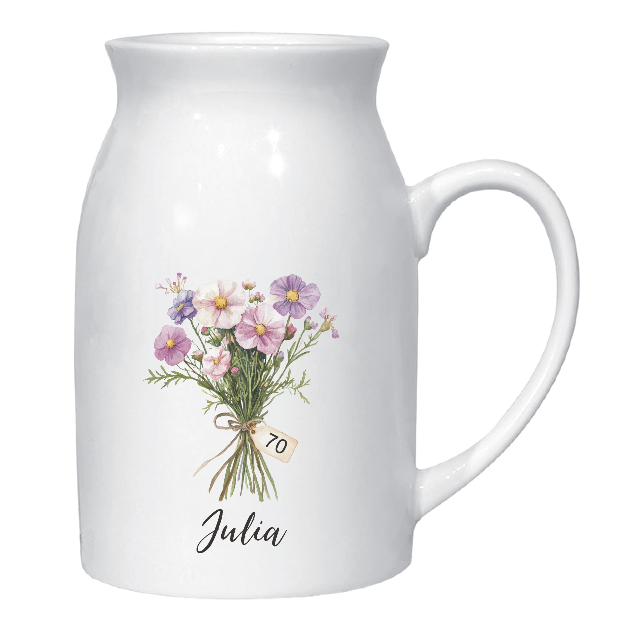 Personalised Birth Flower Ceramic Jug Vase – 70th Birthday Gift for Sister, Friend, Grandmother, Wife or Mother – Custom Floral Keepsake