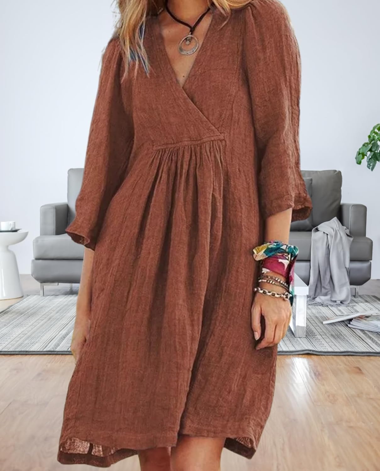 Women's Cotton Linen Midi Dress Soft V-Neck 3/4 Sleeve Casual Dresses for Summer Beach Vacations Everyday Wear - Image 4