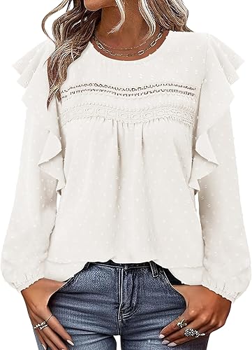 BETTE BOUTIK Womens Boho Fall Long Sleeve Shirts Crewneck Dressy Casual Blouses Trendy Flowy Tops