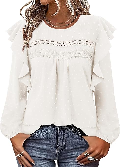 BETTE BOUTIK Womens Boho Fall Long Sleeve Shirts Crewneck Dressy Casual Blouses Trendy Flowy Tops