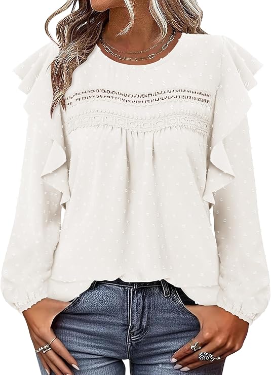 BETTE BOUTIK Womens Boho Fall Long Sleeve Shirts Crewneck Dressy Casual Blouses Trendy Flowy Tops