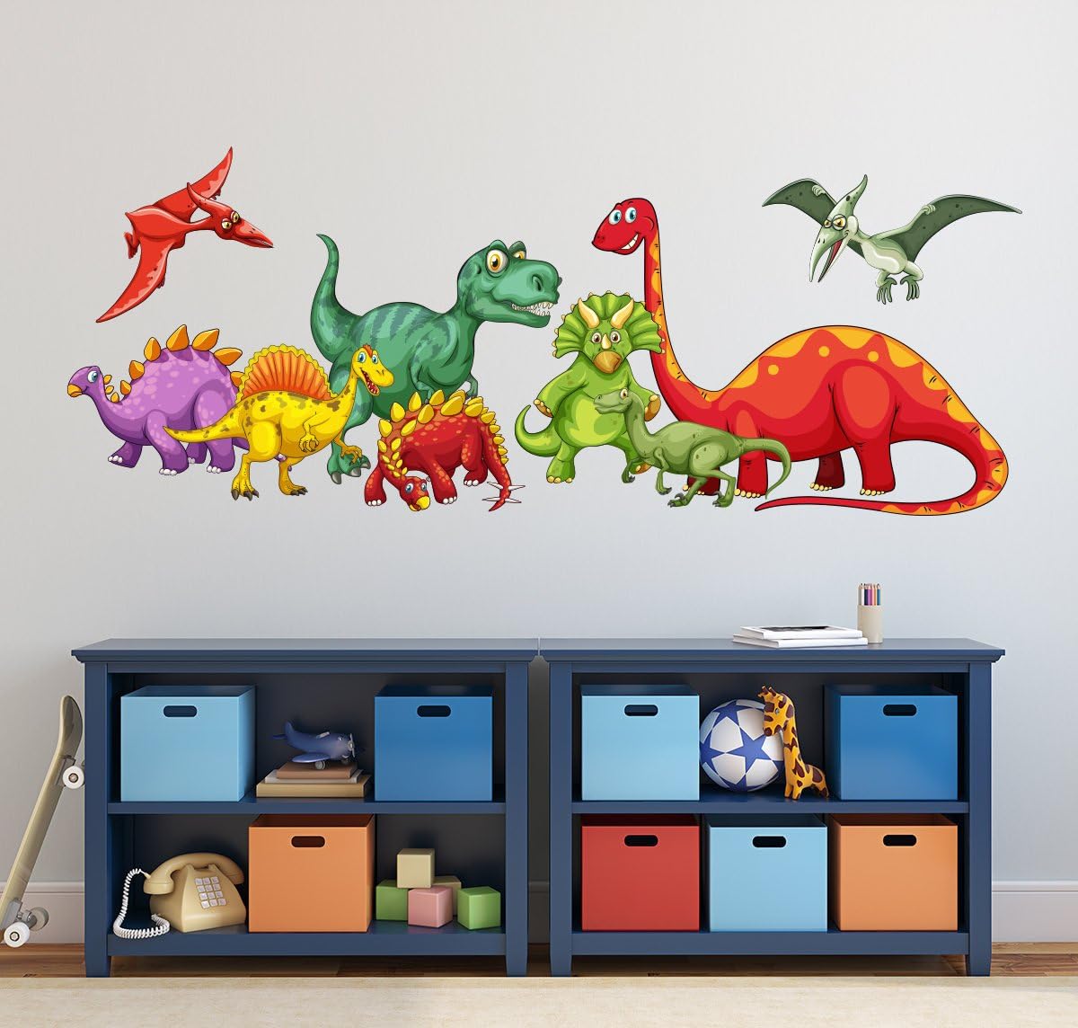 Dinosaurs Wall Decal - Kids Boys Bedroom Wall Art - Cute Dinosaurs Nursery Wall Decal - Dinosaur Themed Vinyl Wall Sticker (56"W x 22"H)