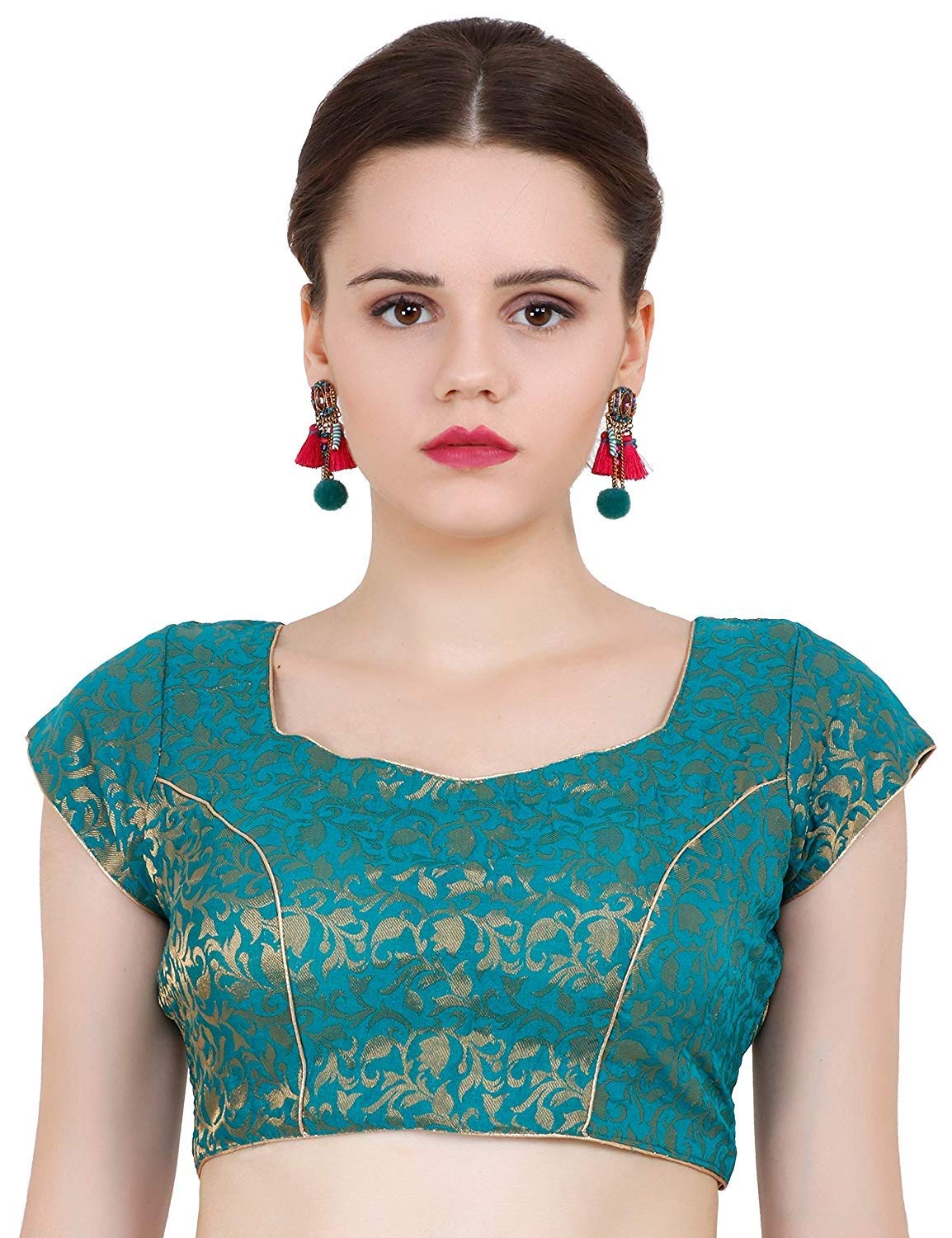 A K E ZONE Printed Chanderi Single Piece Blouse (Teal)