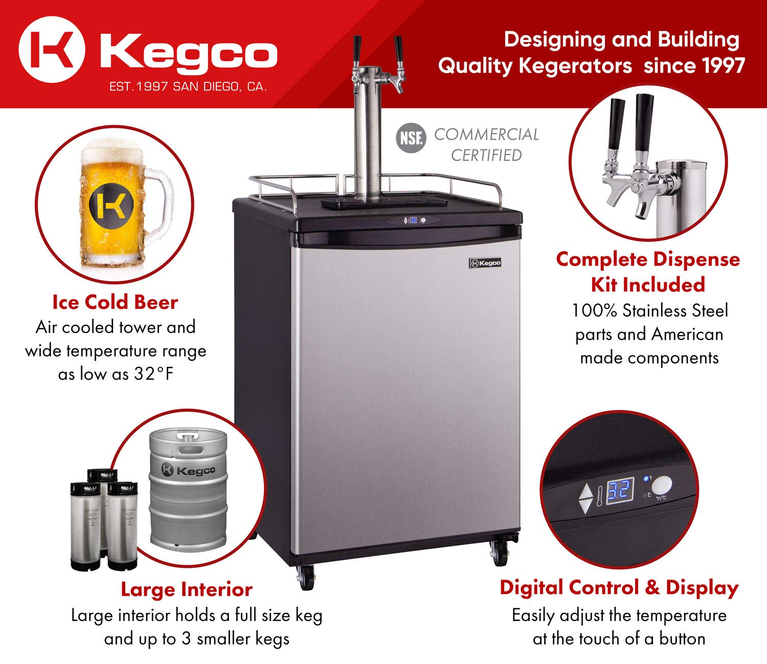 Kegco Z163S-2TT Dual Tap Stainless Kegerator with All Stainless Contact on Fridge.com